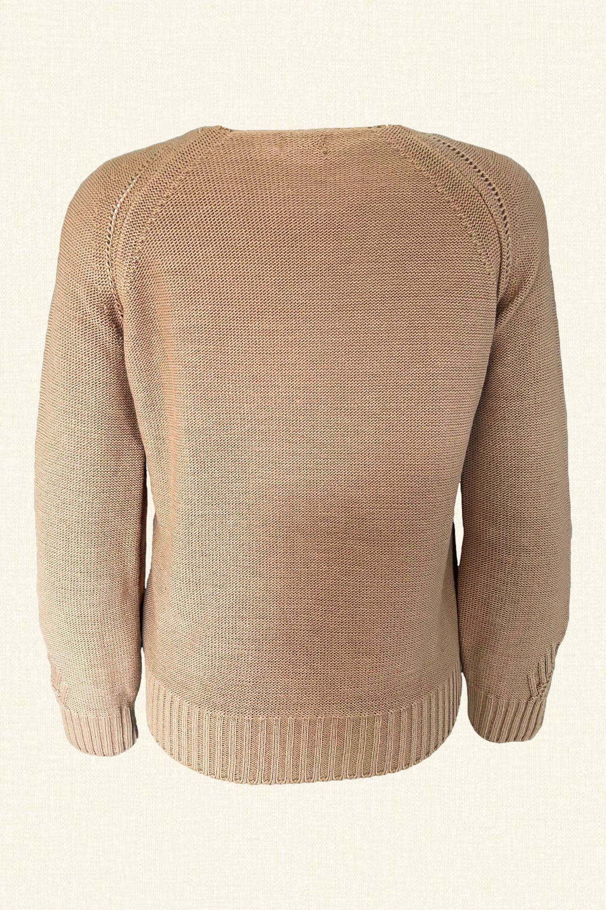 Yeşil İşlemeli Açık Kahve Triko Kazak