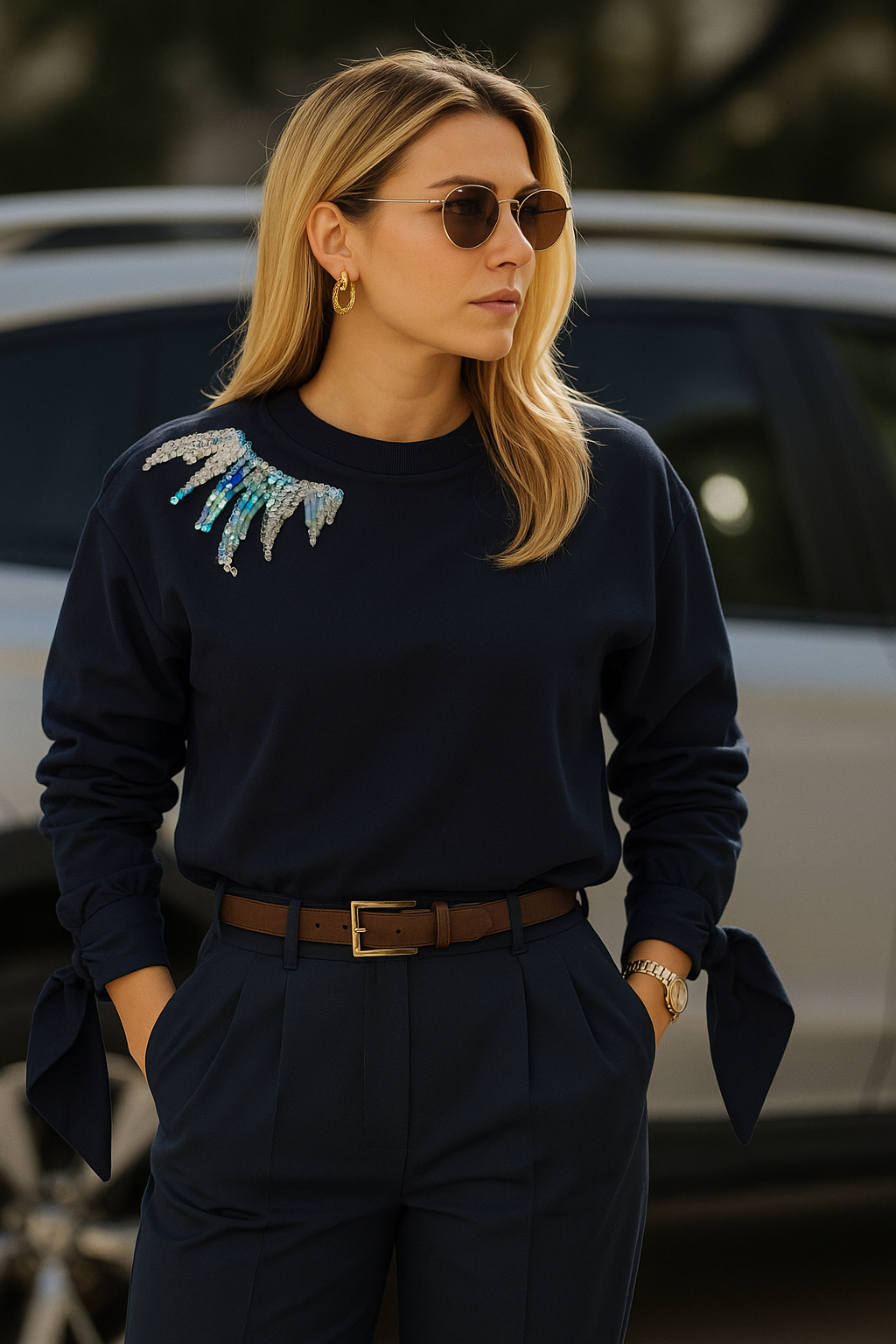 Beyaz Yaka İşlemeli Kolları Poplin Detaylı Lacivert Sweatshirt