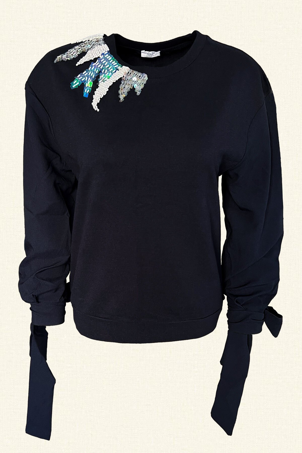 Beyaz Yaka İşlemeli Kolları Poplin Detaylı Lacivert Sweatshirt