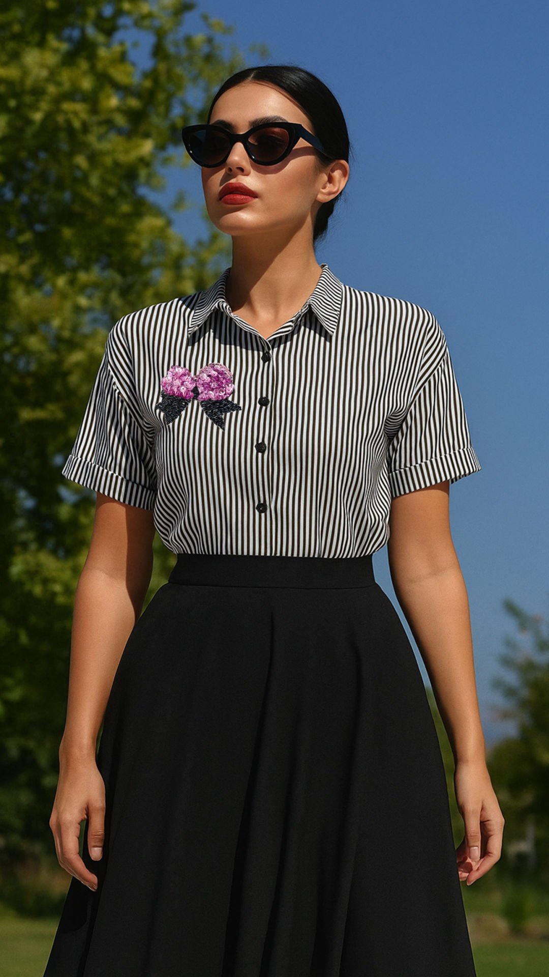 Pembe Fiyonk İşlemeli Siyah Beyaz Çizgili Kısa Kollu Oversize Gömlek