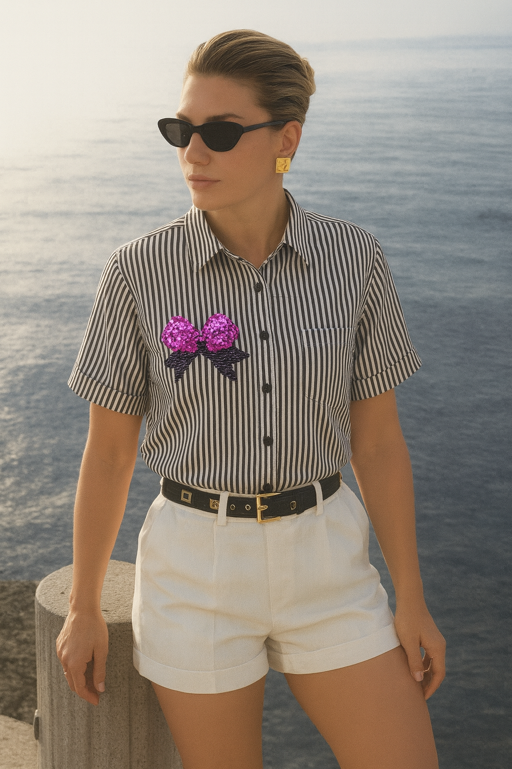 Pembe Fiyonk İşlemeli Siyah Beyaz Çizgili Kısa Kollu Oversize Gömlek