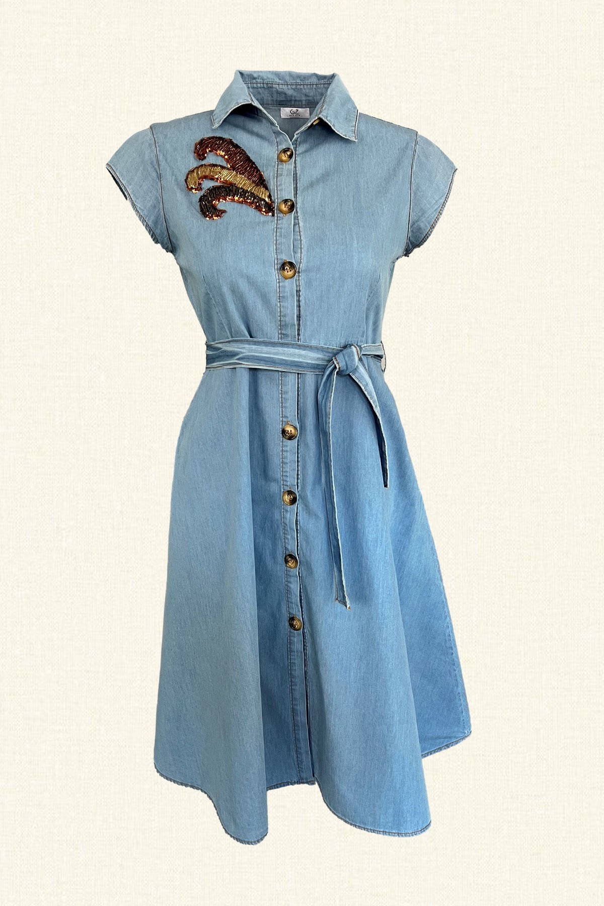 Bakır ve Gold İşlemeli Midi Boy Açık Renk Jean Elbise