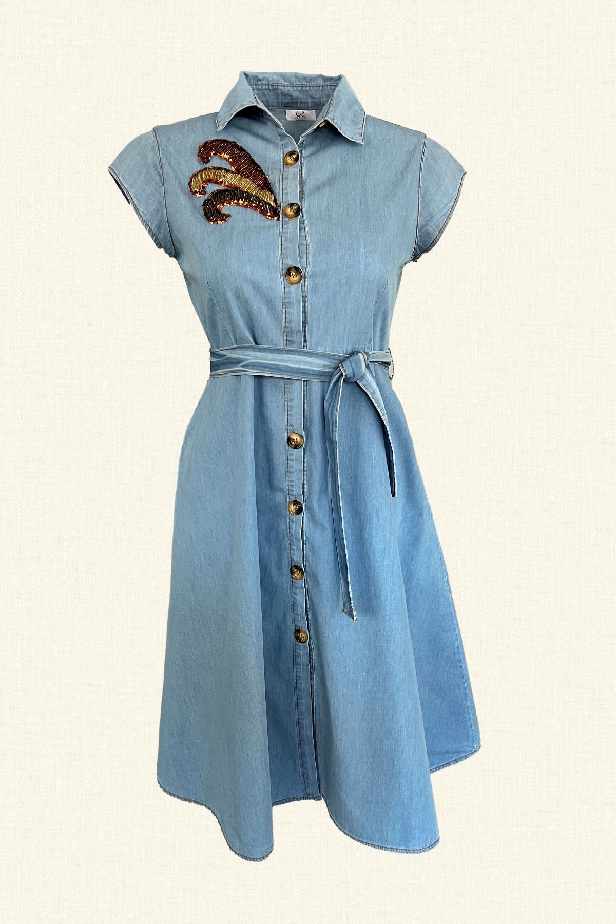 Bakır ve Gold İşlemeli Midi Boy Açık Renk Jean Elbise