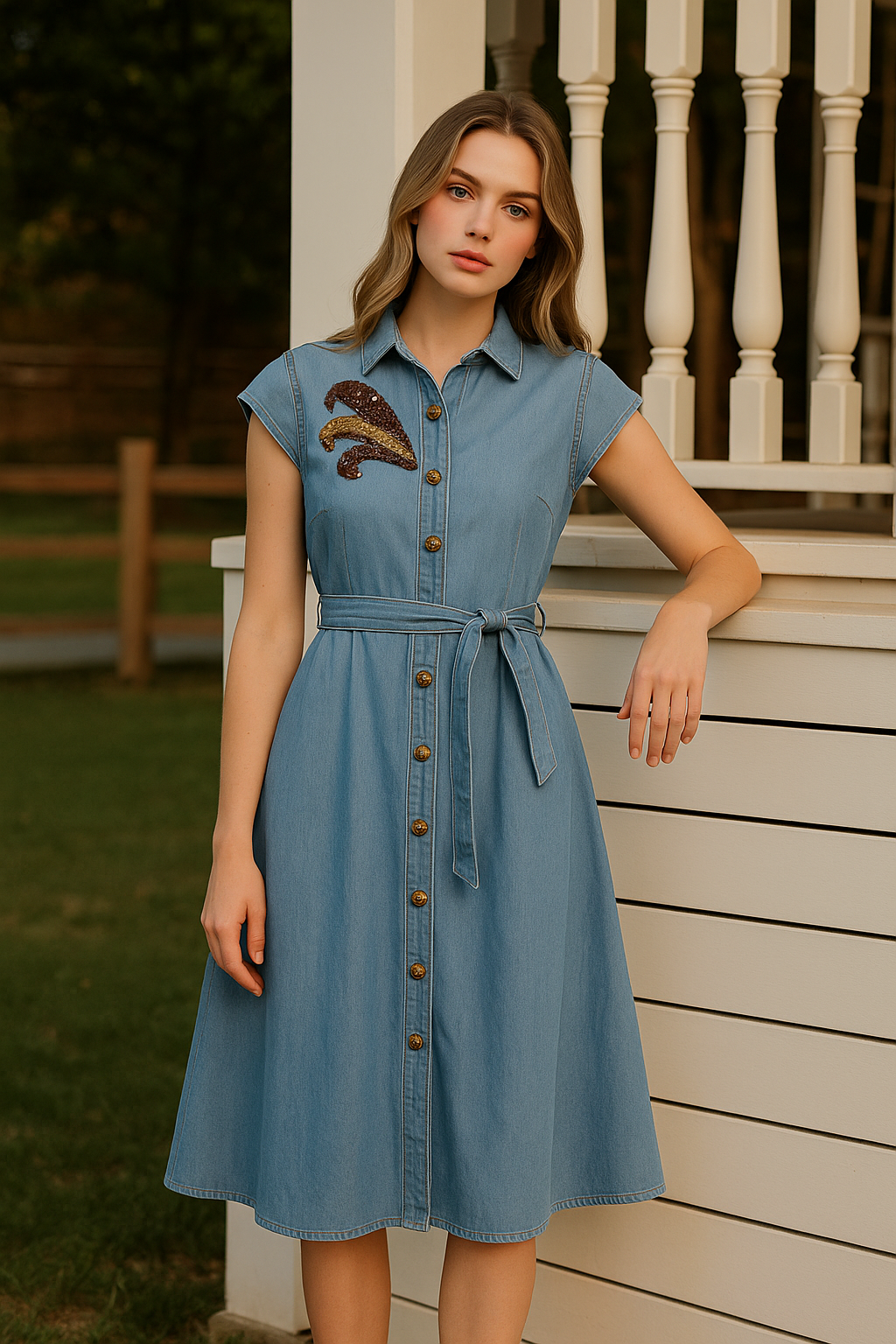 Bakır ve Gold İşlemeli Midi Boy Açık Renk Jean Elbise