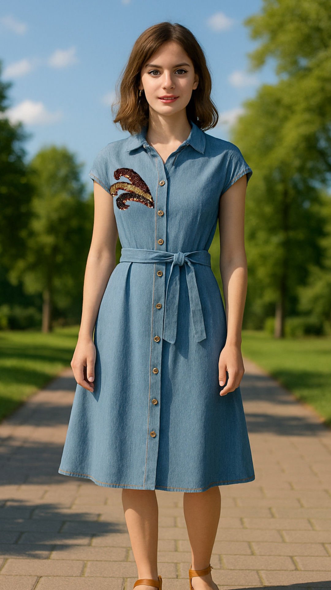 Bakır ve Gold İşlemeli Midi Boy Açık Renk Jean Elbise