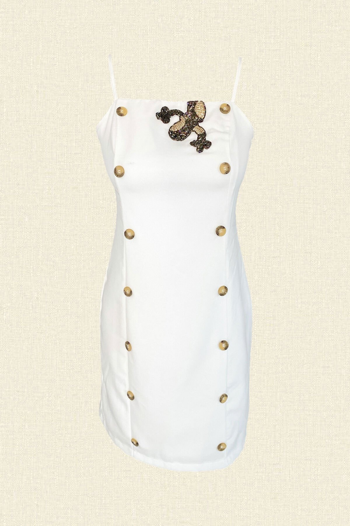 Kahverengi Kertenkele İşlemeli Düğme Detaylı Askılı Slim Fit Beyaz Elbise