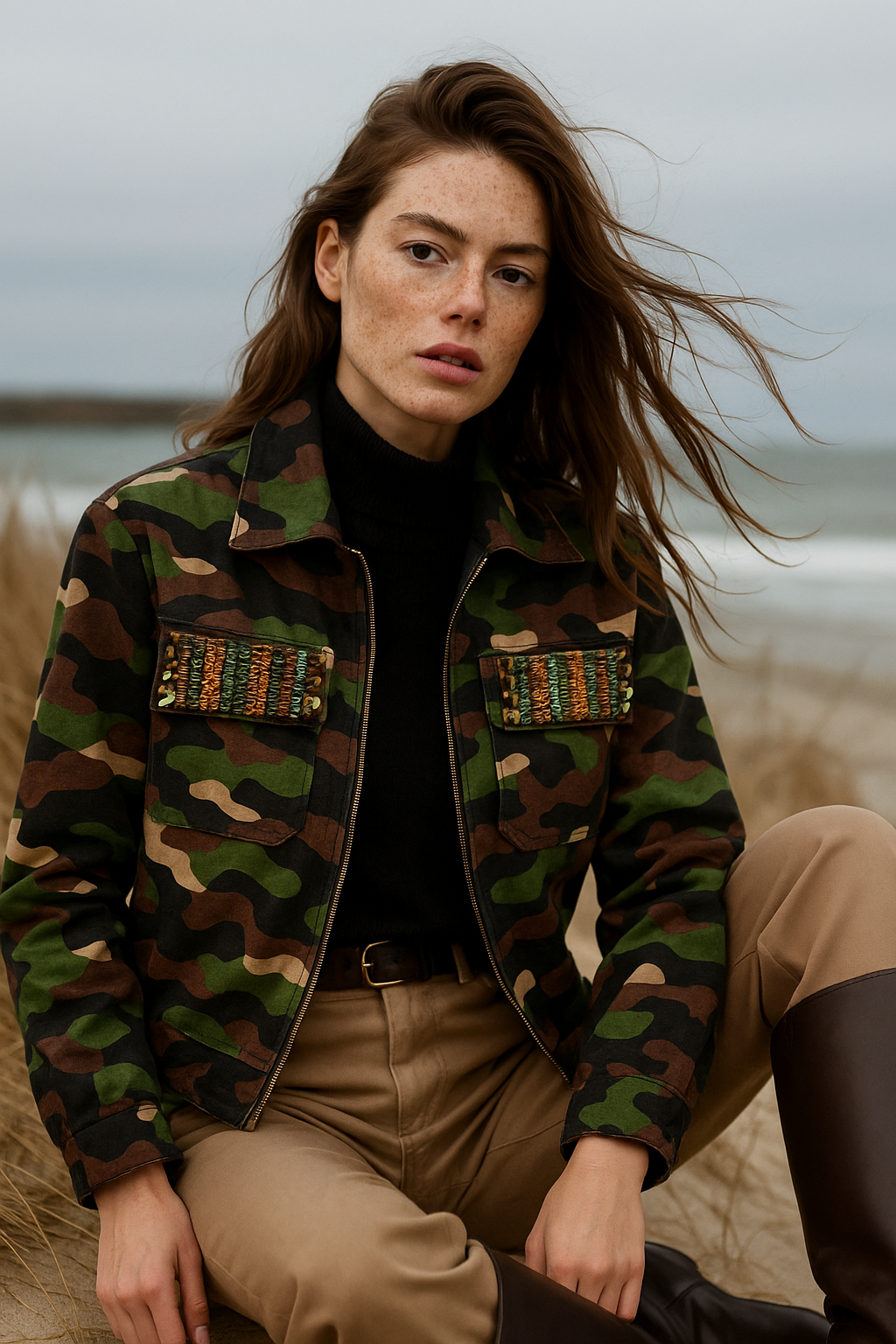 Cepleri İşleme Detaylı Kamuflaj Desenli İnce Ceket