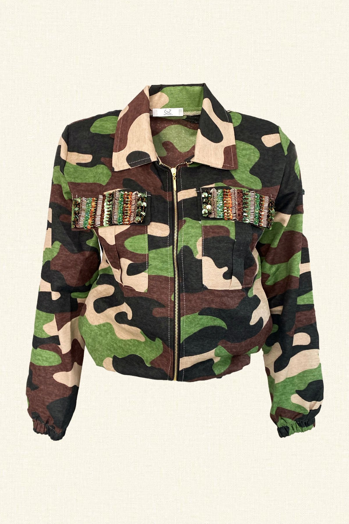 Cepleri İşleme Detaylı Kamuflaj Desenli İnce Ceket