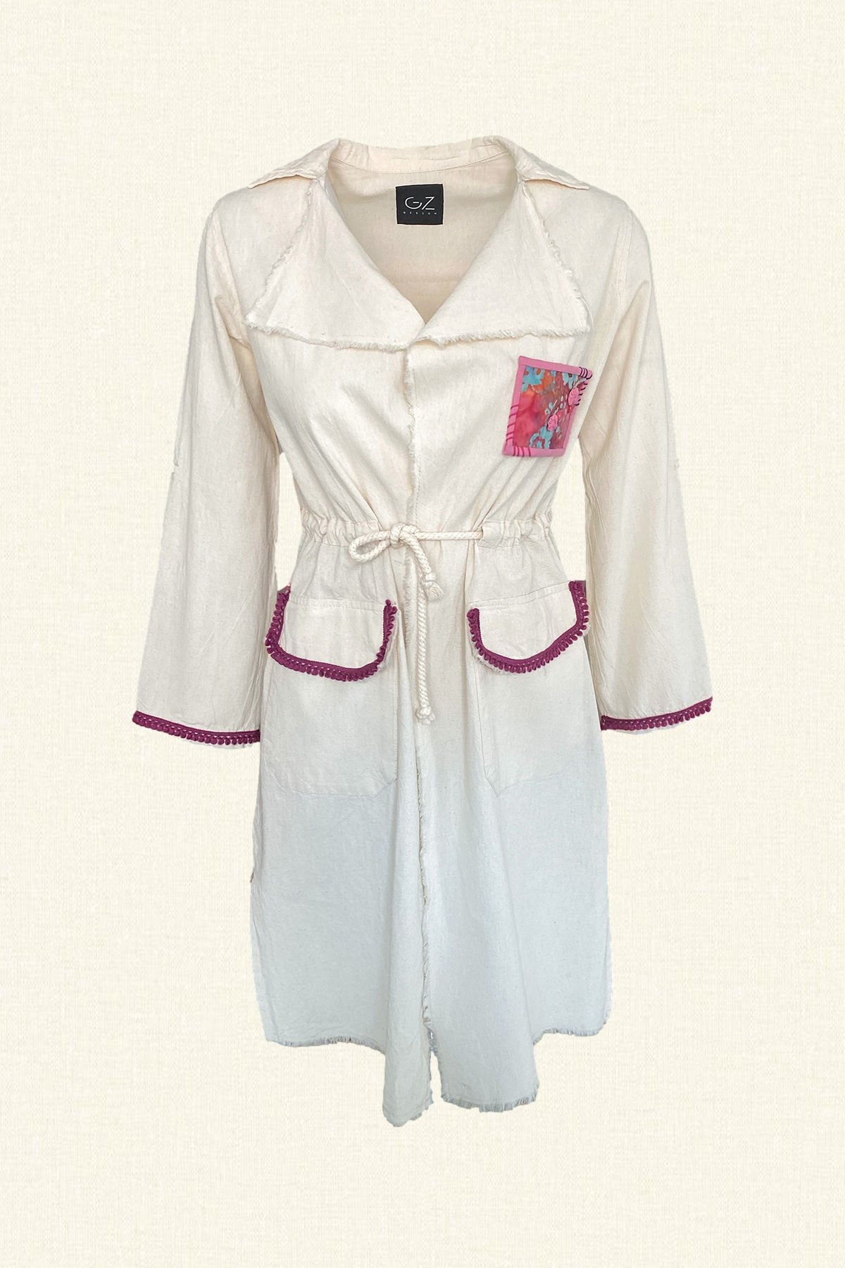 Pembe Patchworklü Uzun Keten Ceket