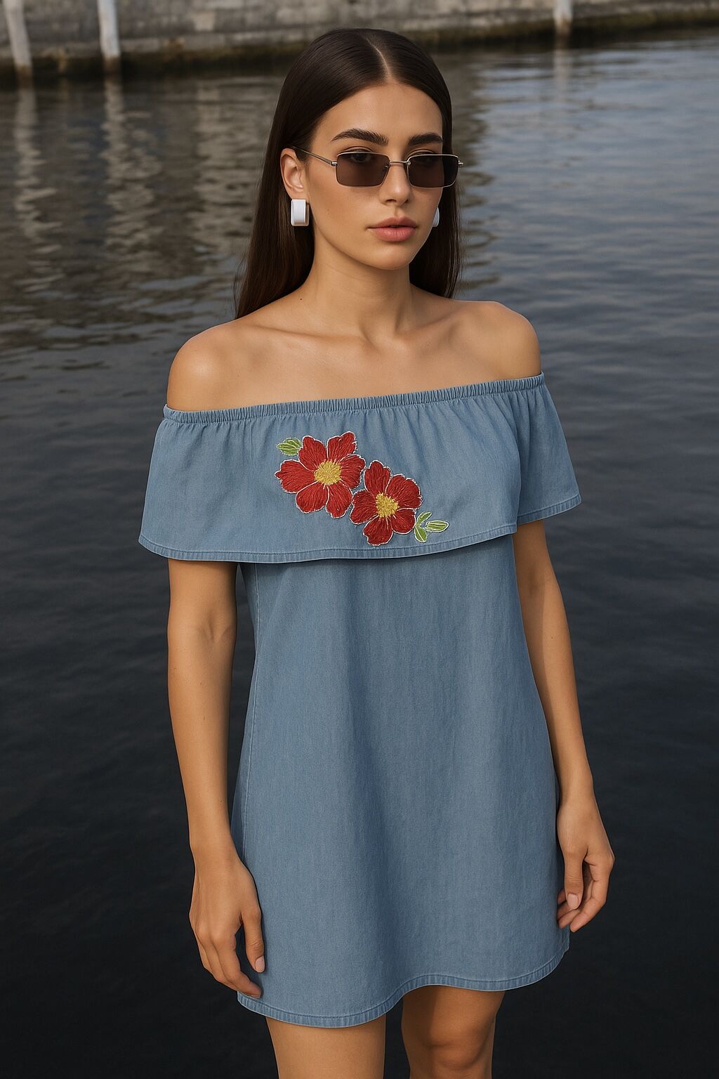 Kırmızı Çiçek İşlemeli Açık Renk Straplez Jean Elbise