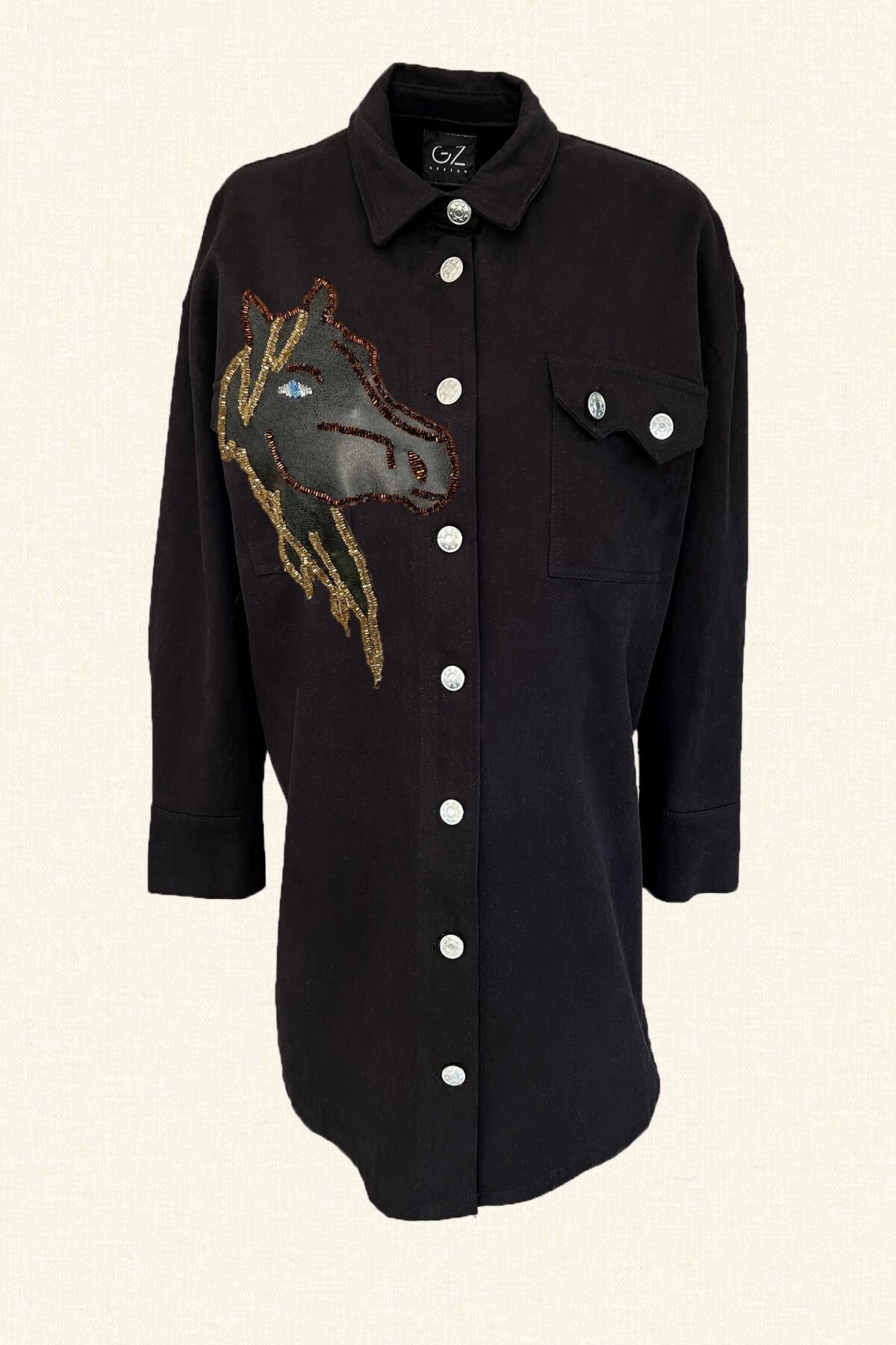 Deri Üzeri Mavi Gözlü At Figürlü Uzun Siyah Renk Jean Ceket