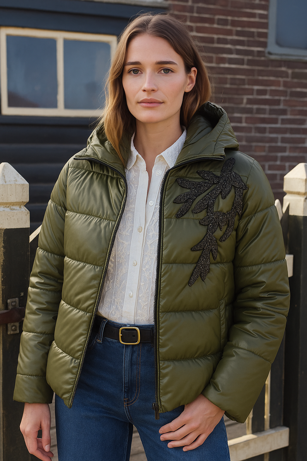 Dal İşlemeli Asker Yeşili Şişme Mont