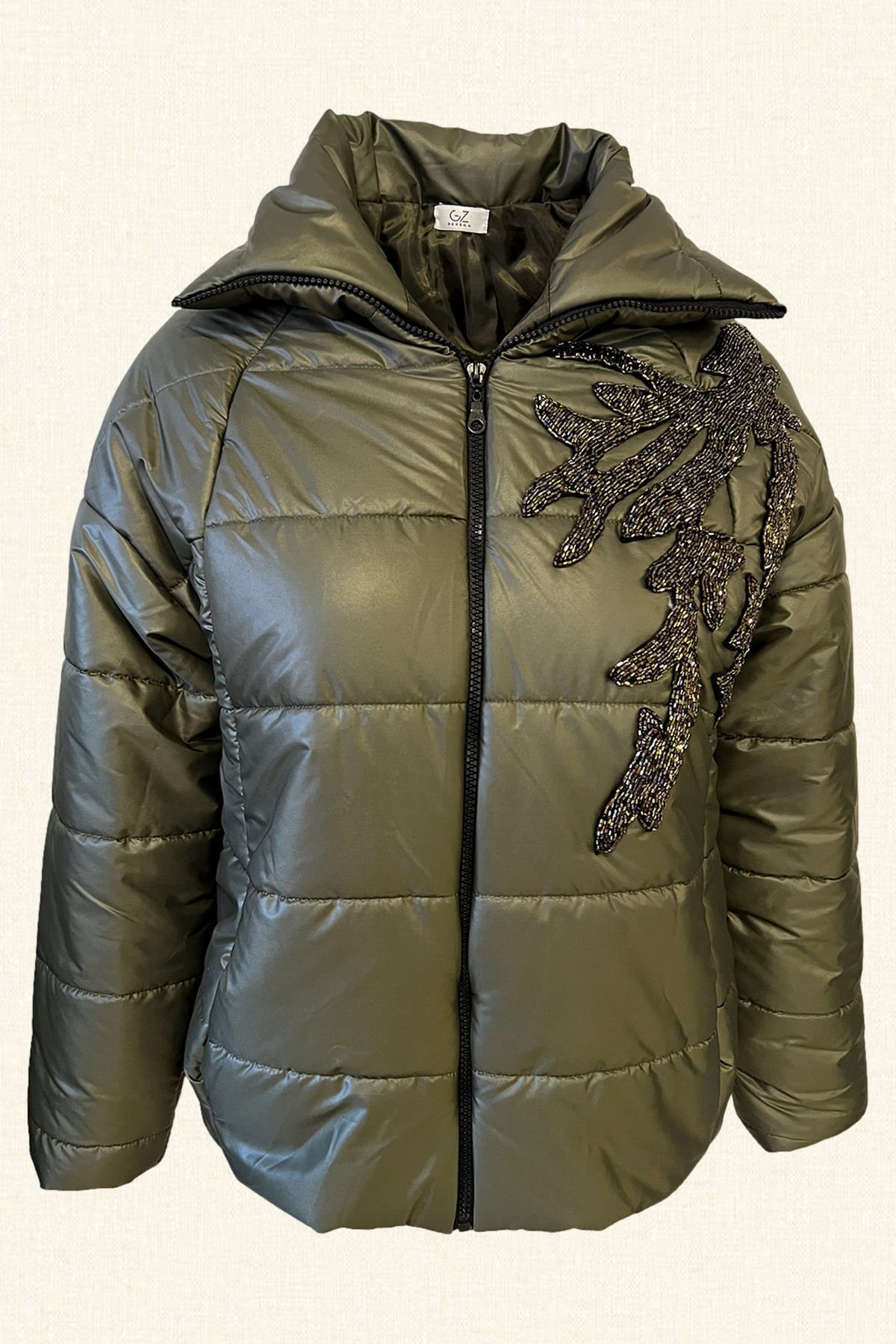 Dal İşlemeli Asker Yeşili Şişme Mont