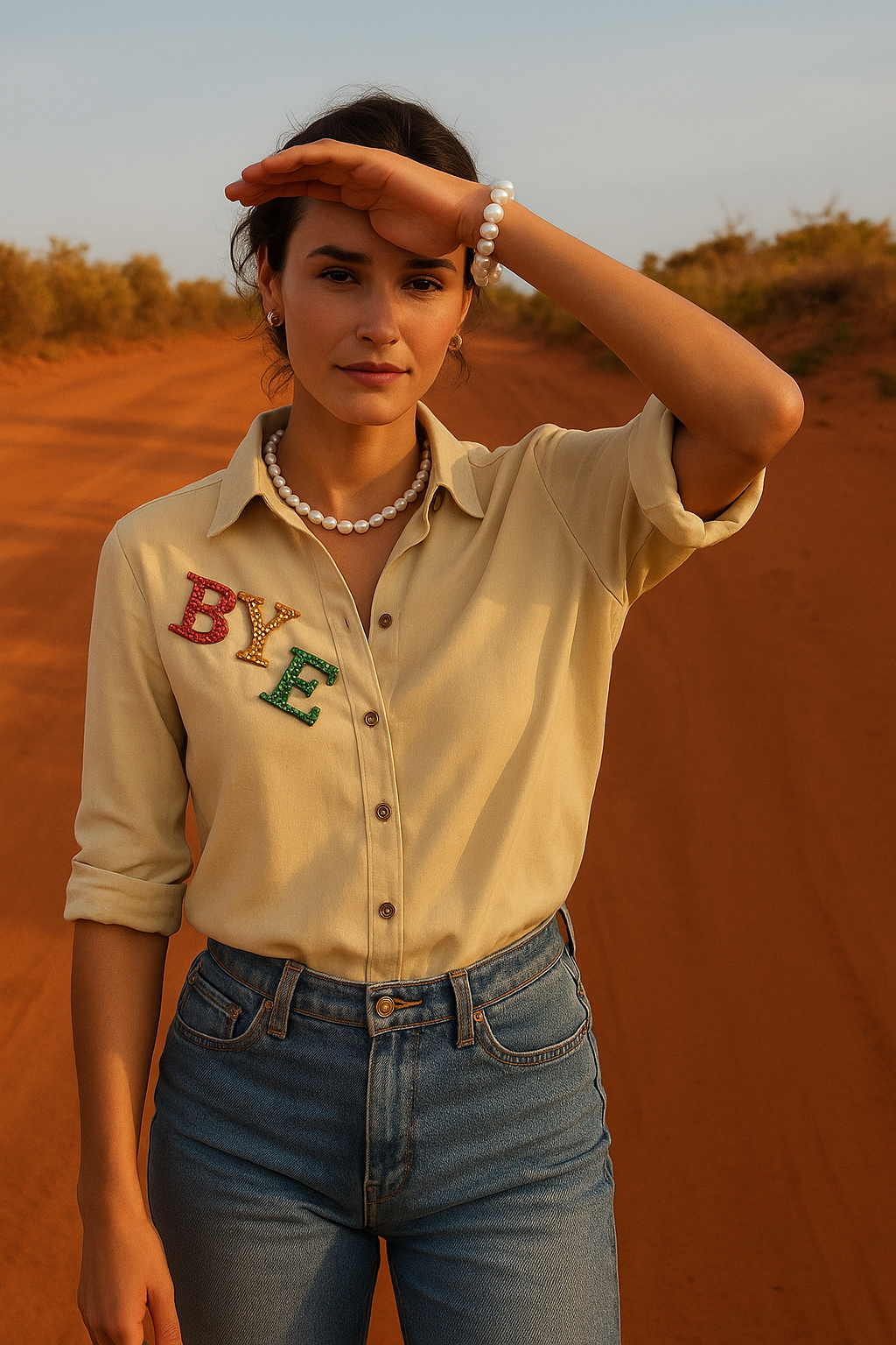 Renkli BYE İşlemeli Taş Rengi Gömlek