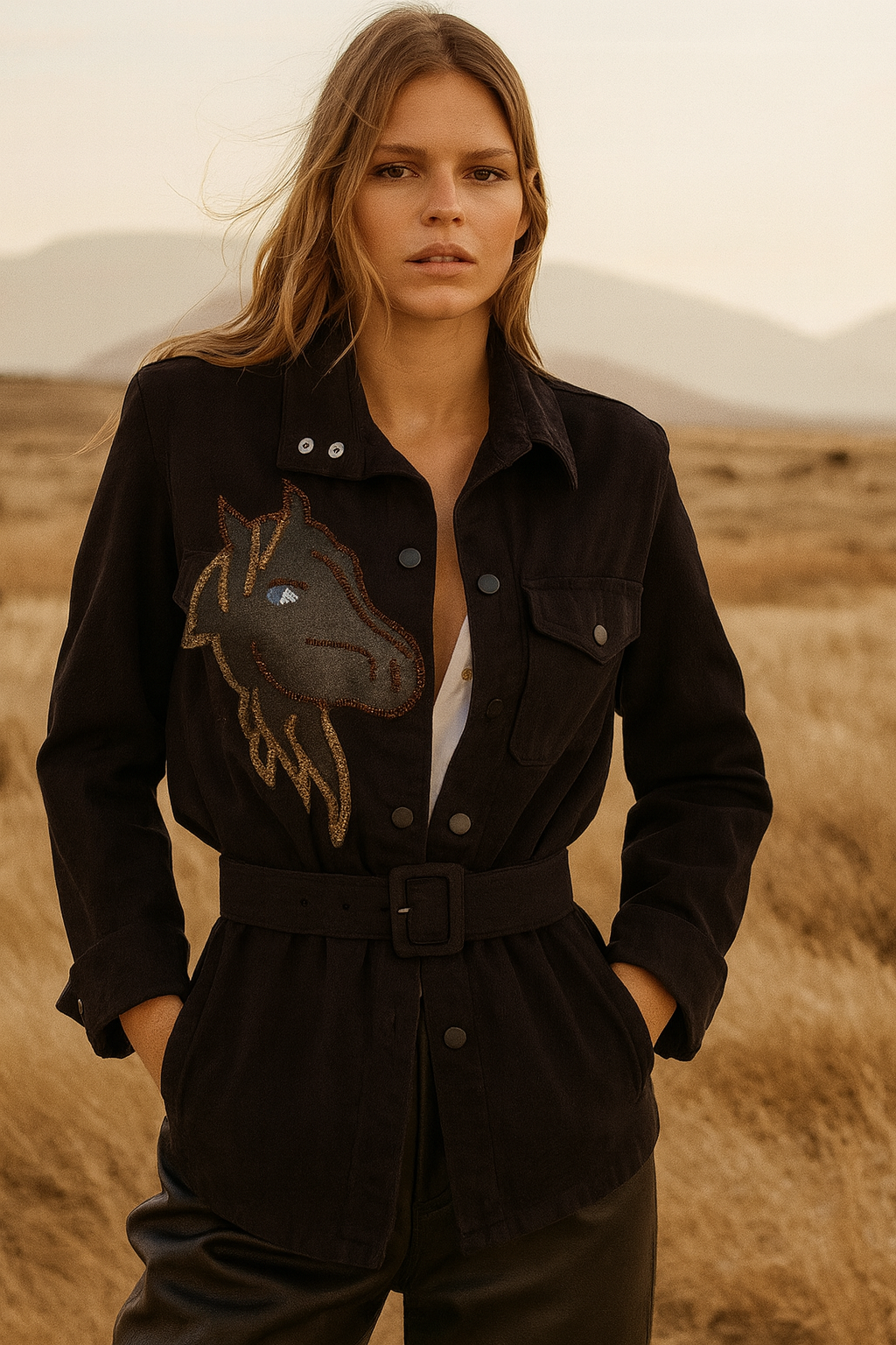 Deri Üzeri Mavi Gözlü At Figürlü Siyah Renk Jean Ceket