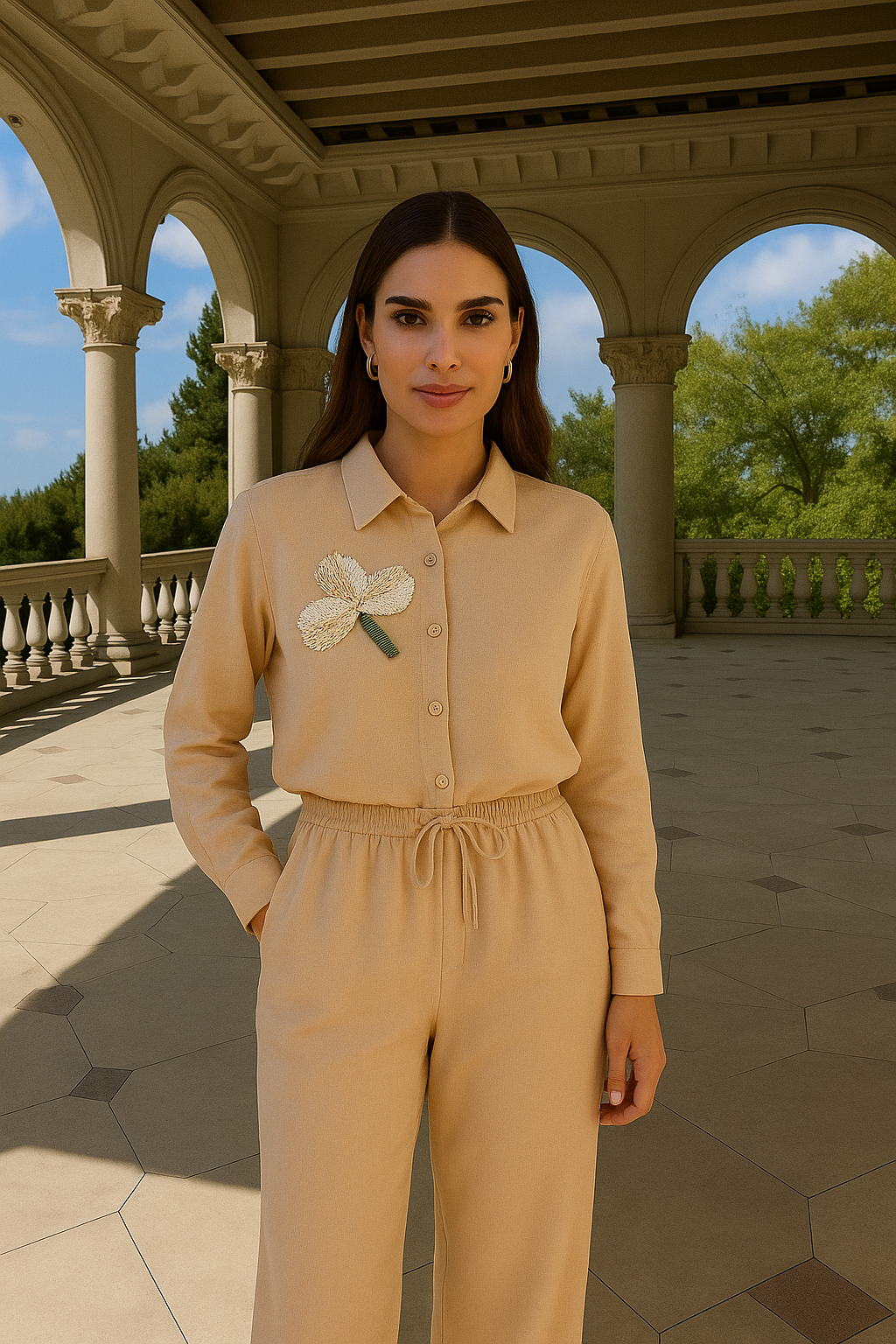 Beyaz Yonca İşlemeli Krem Renk Keten Gömlek Alt Üst Takım