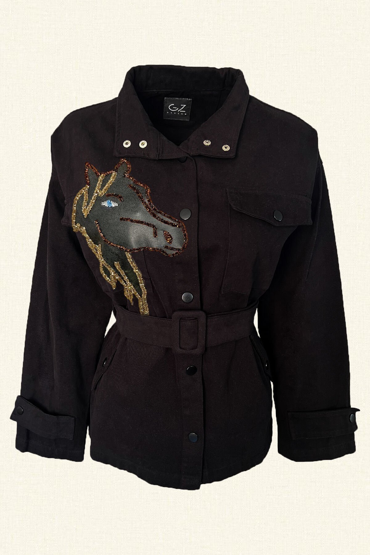 Deri Üzeri Mavi Gözlü At Figürlü Siyah Renk Jean Ceket