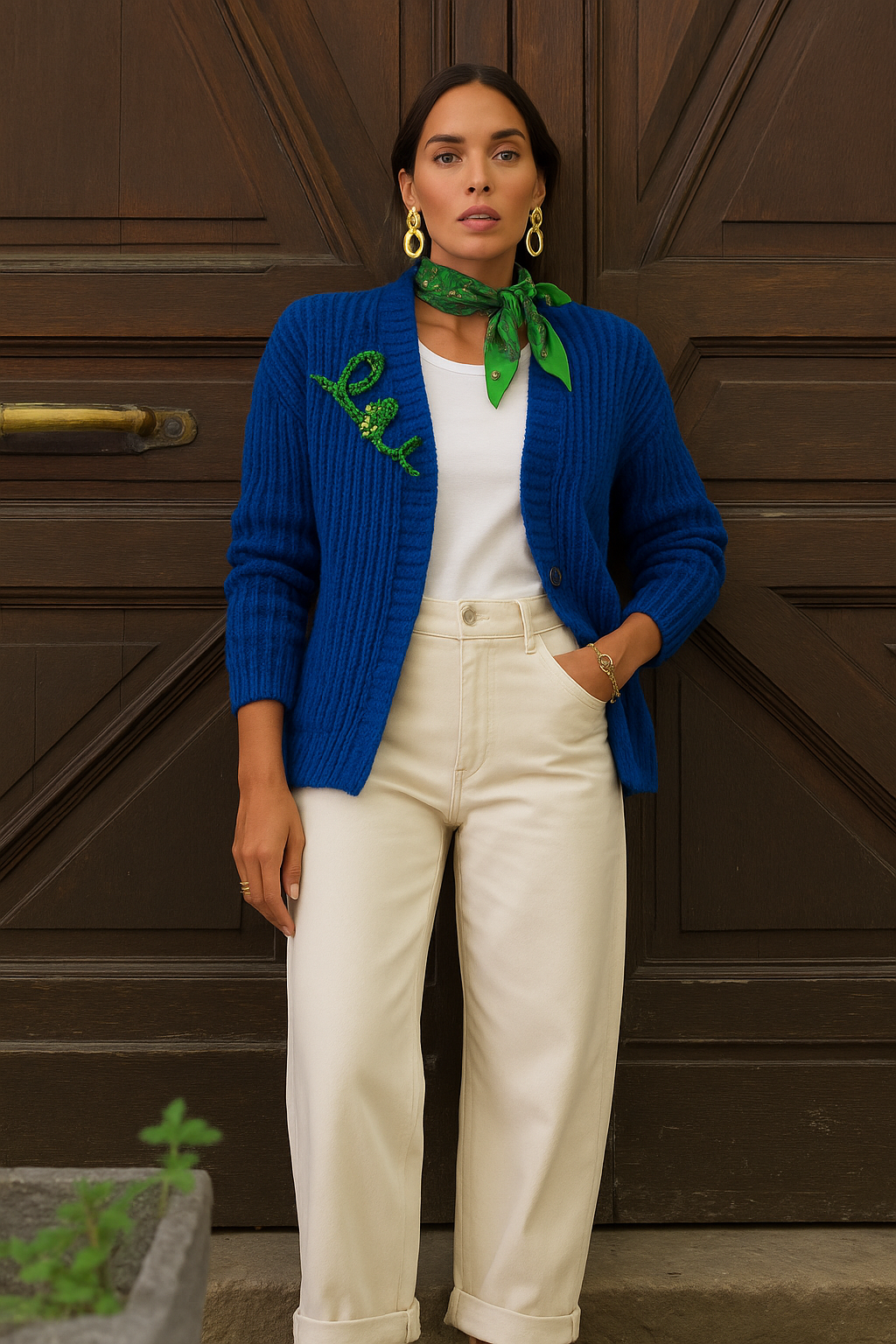 Yeşil İşlemeli Mavi Renk Hırka