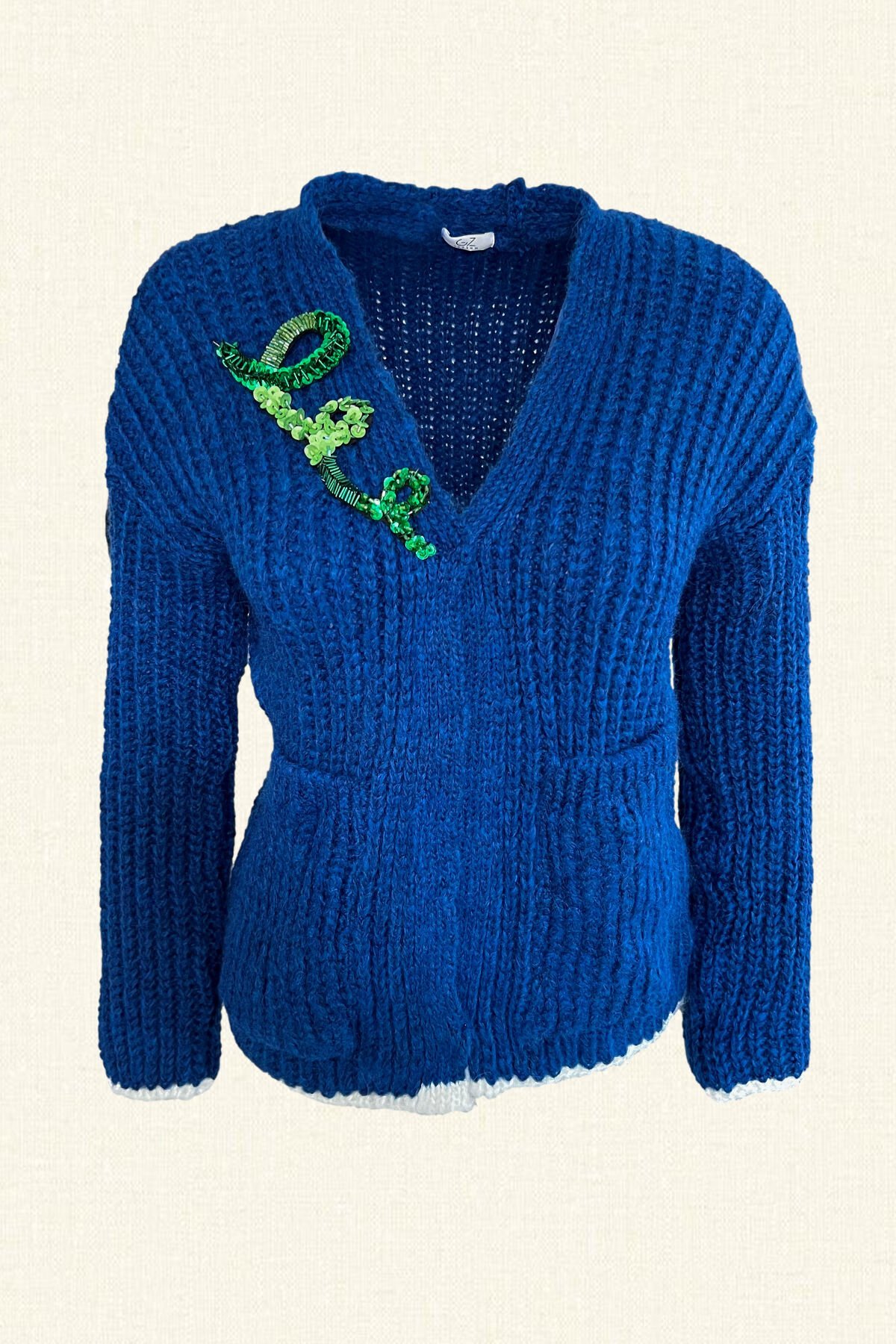 Yeşil İşlemeli Mavi Renk Hırka