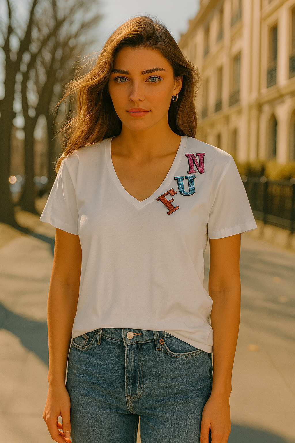 Renkli FUN İşlemeli Beyaz V-Yaka Tişört