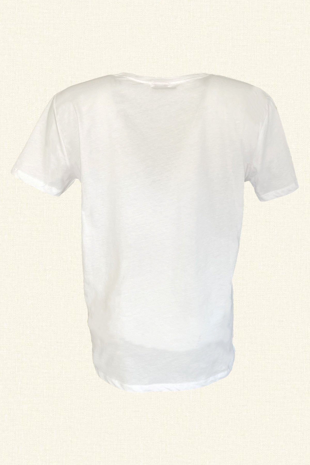 Renkli FUN İşlemeli Beyaz V-Yaka Tişört