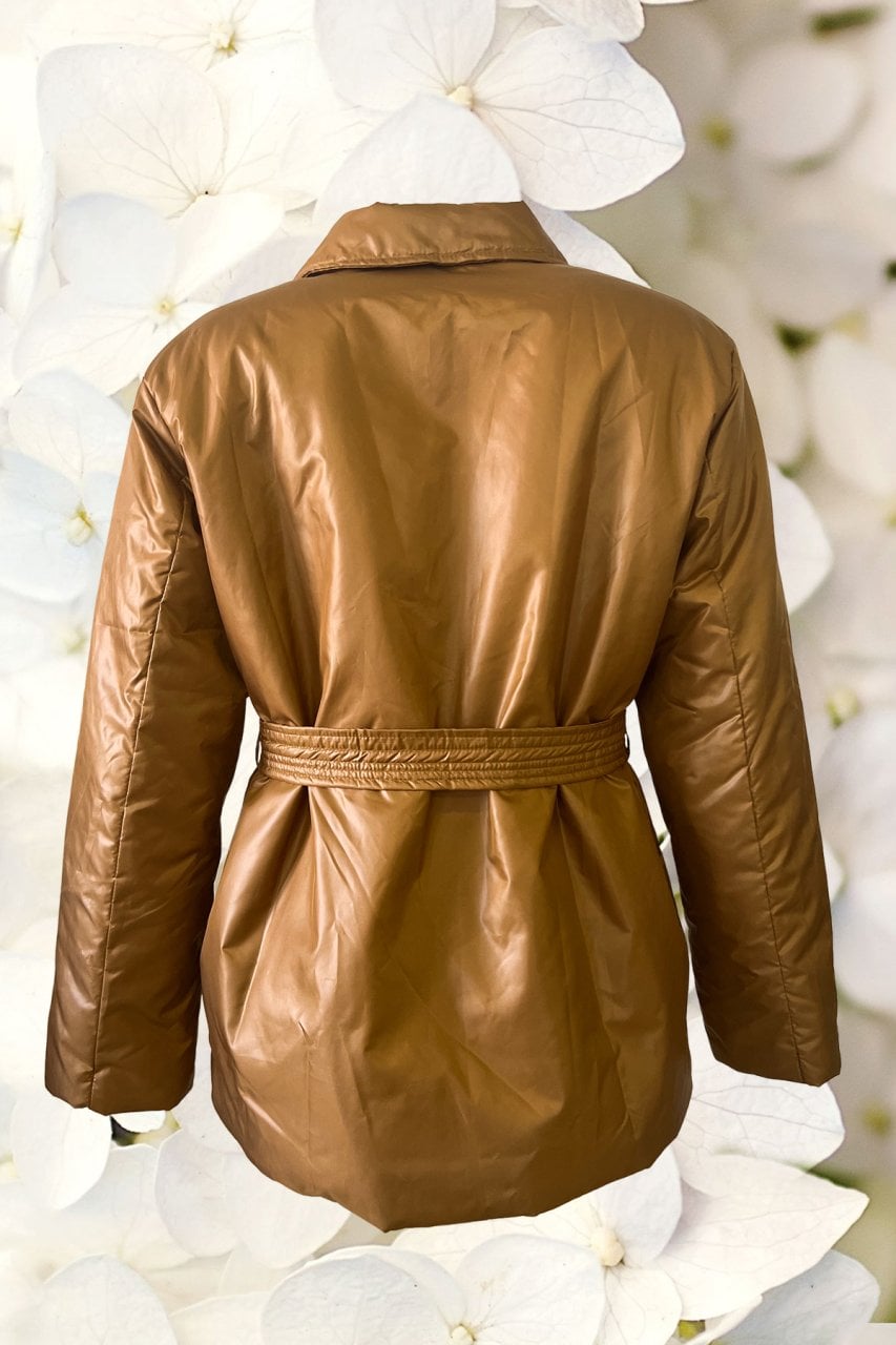 Beyaz Çiçek İşlemeli Kahverengi Mont