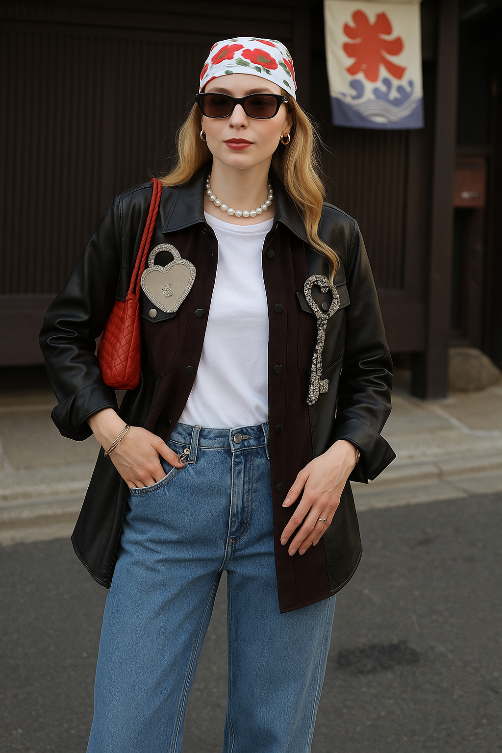 Deri Üzeri Anahtar Motifi İşlemeli Kolları Deri Detaylı Siyah Jean Ceket