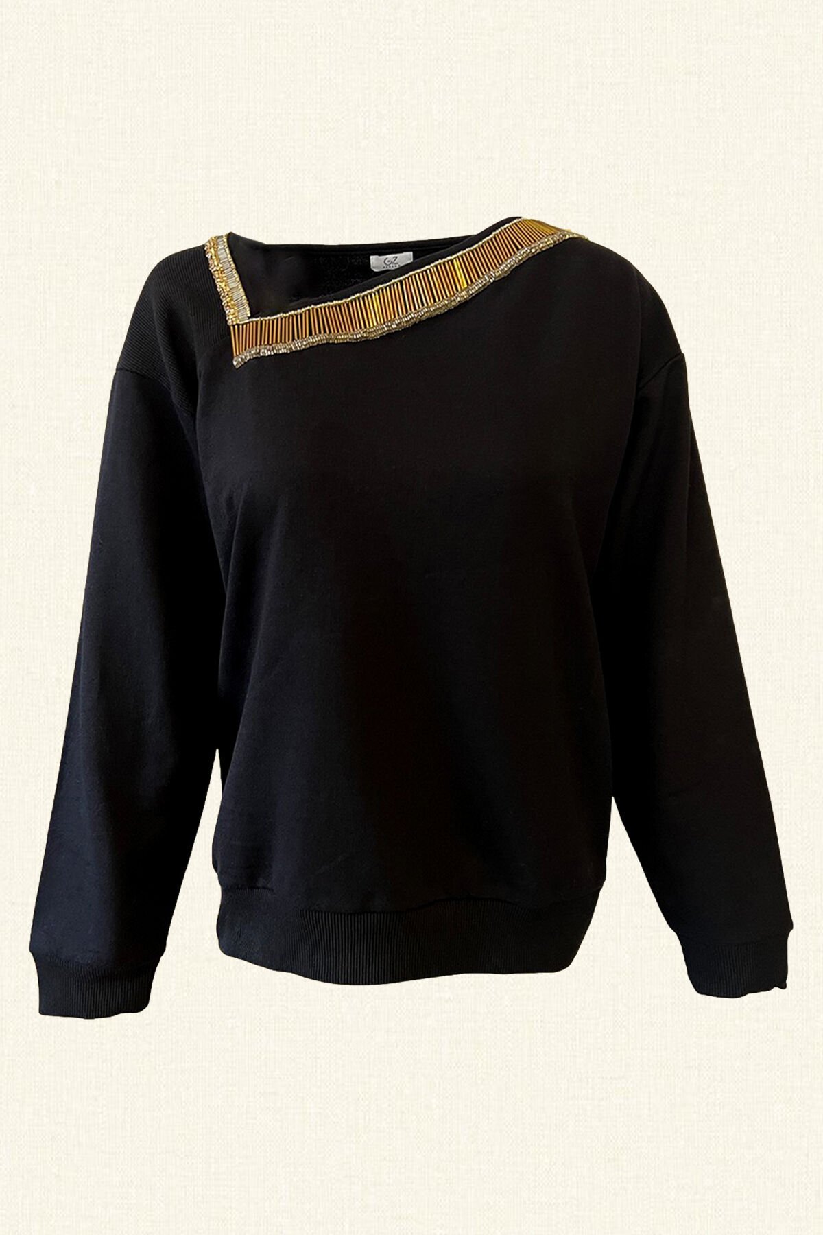 Asimetrik Yakalı Siyah Örme Sweatshirt