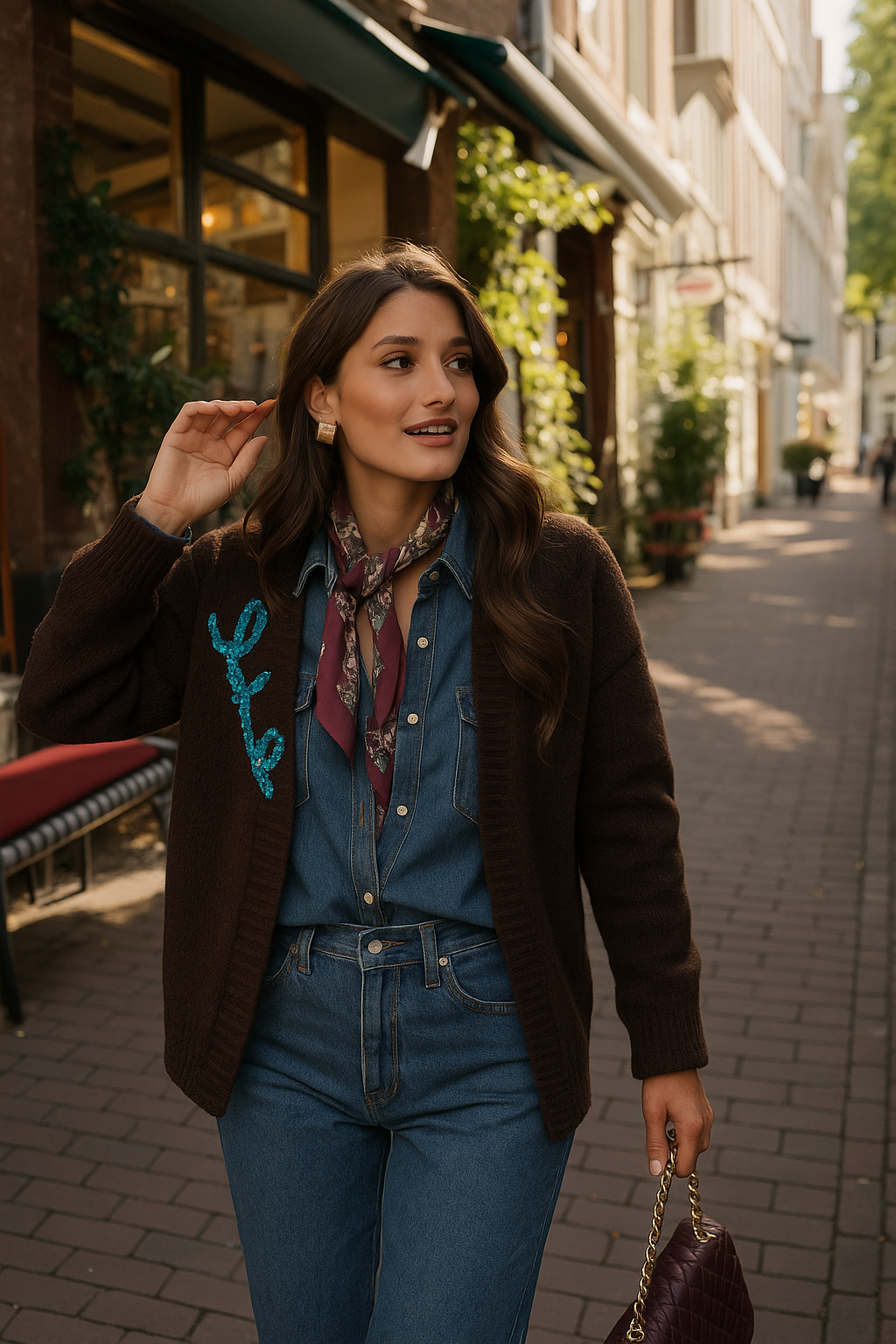 Mavi İşlemeli Kahverengi Hırka