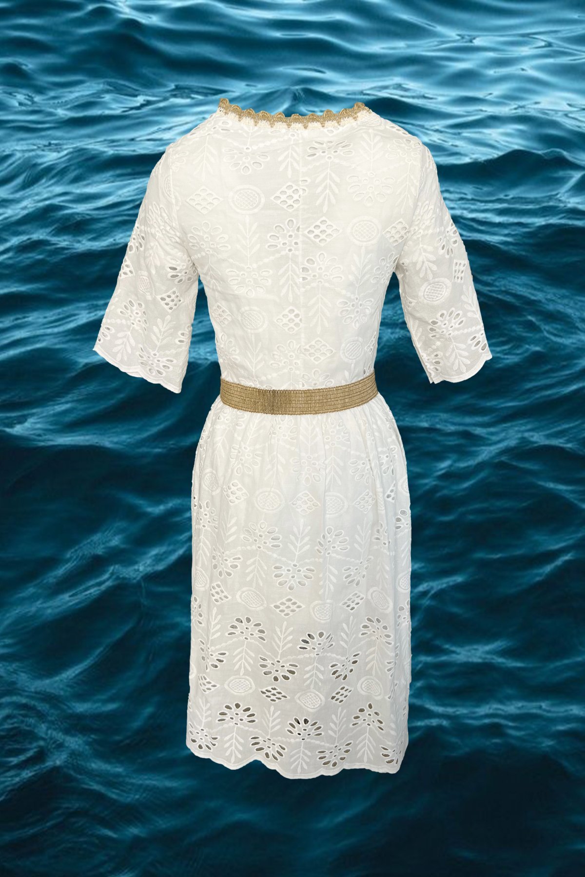 Gold Kurbağa İşlemeli Beyaz Fisto Elbise