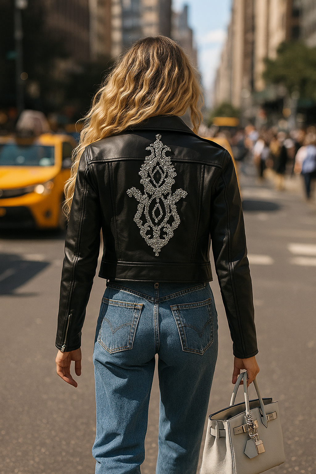 Sırtı Gümüş Işleme Detaylı Siyah Biker Deri Ceket