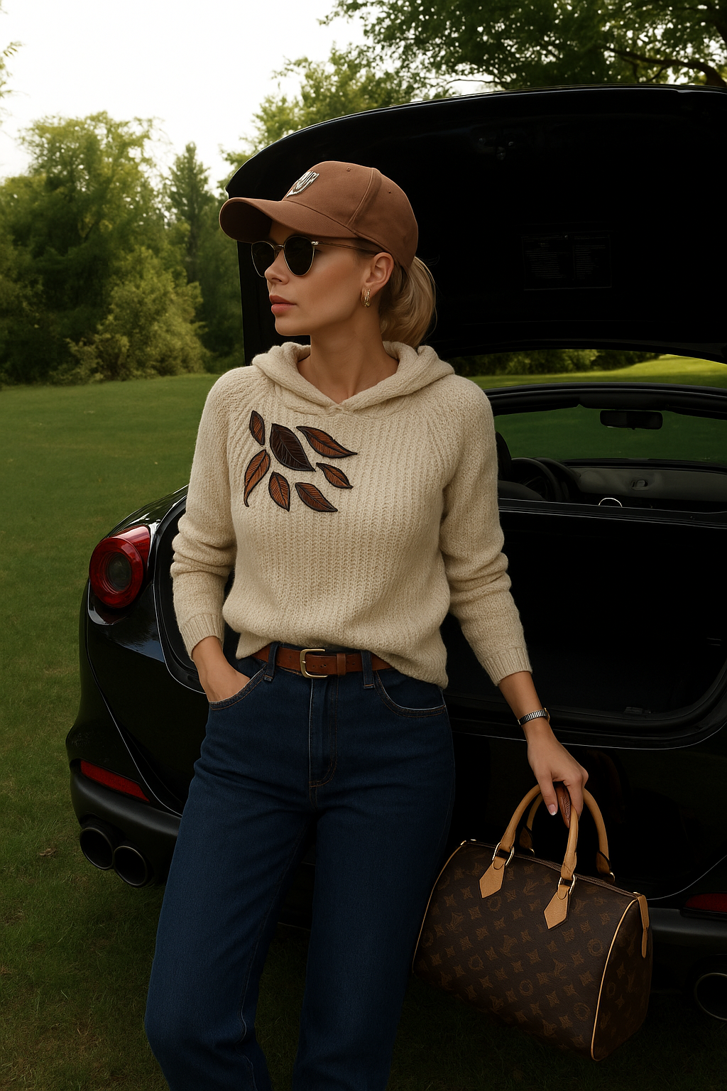 Deri Yaprak Detaylı  Kapüşonlu Triko Kazak