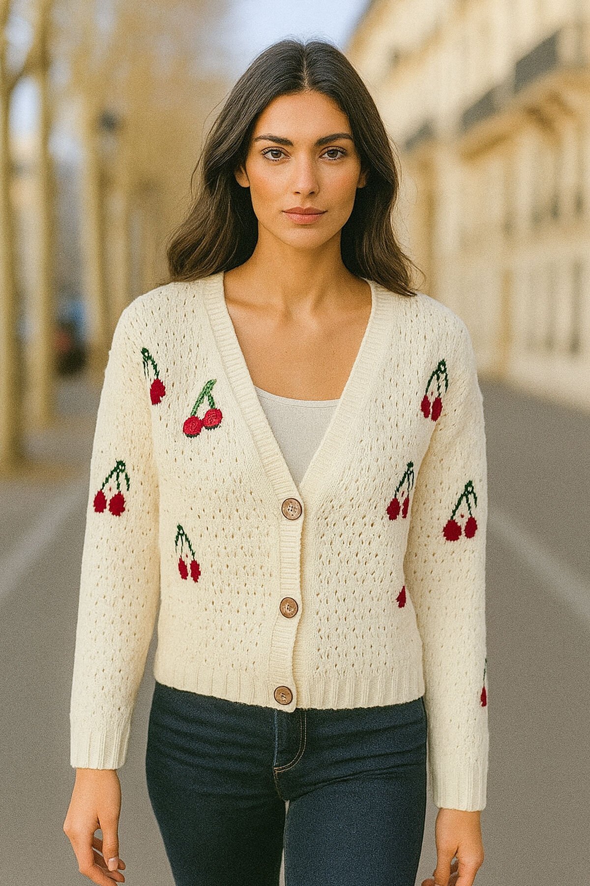 Kiraz İşlemeli Krem Renk Triko Hırka