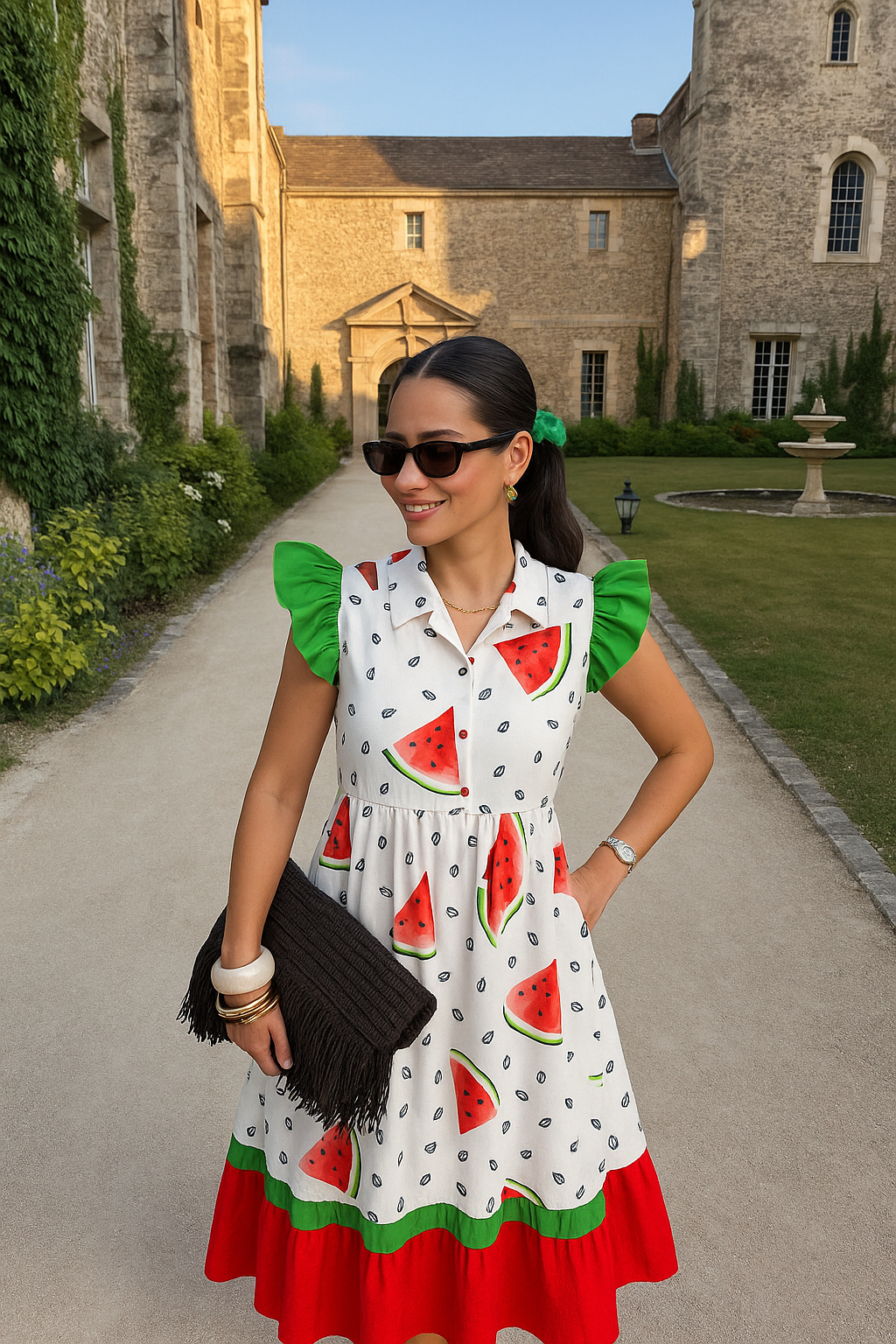 Karpuz İşlemeli Fırfır Detaylı Midi Boy Elbise