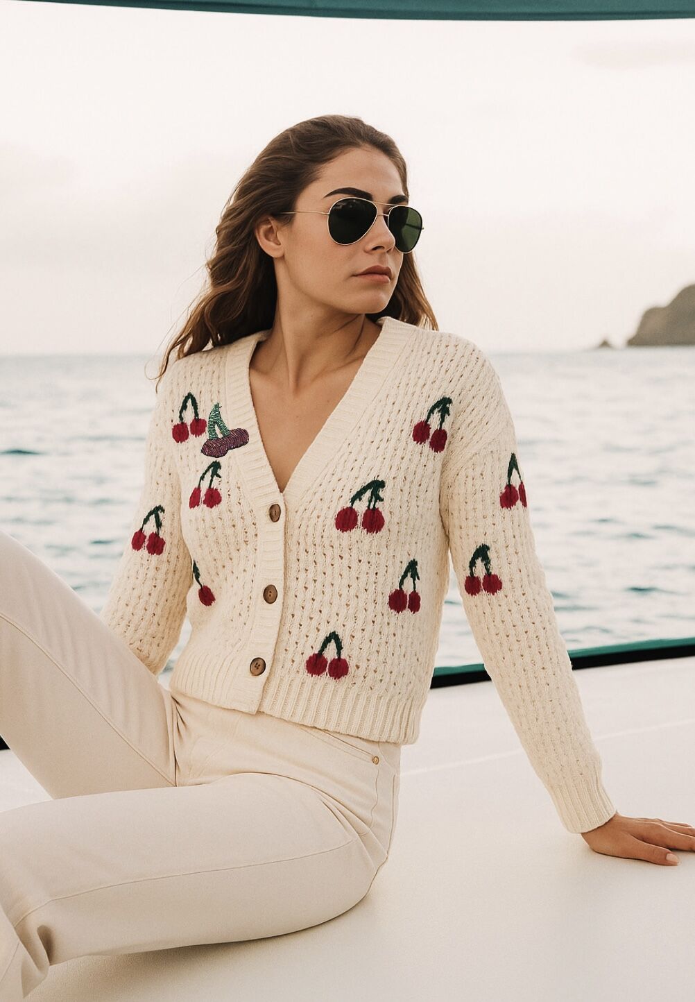 Kiraz İşlemeli Krem Renk Triko Hırka