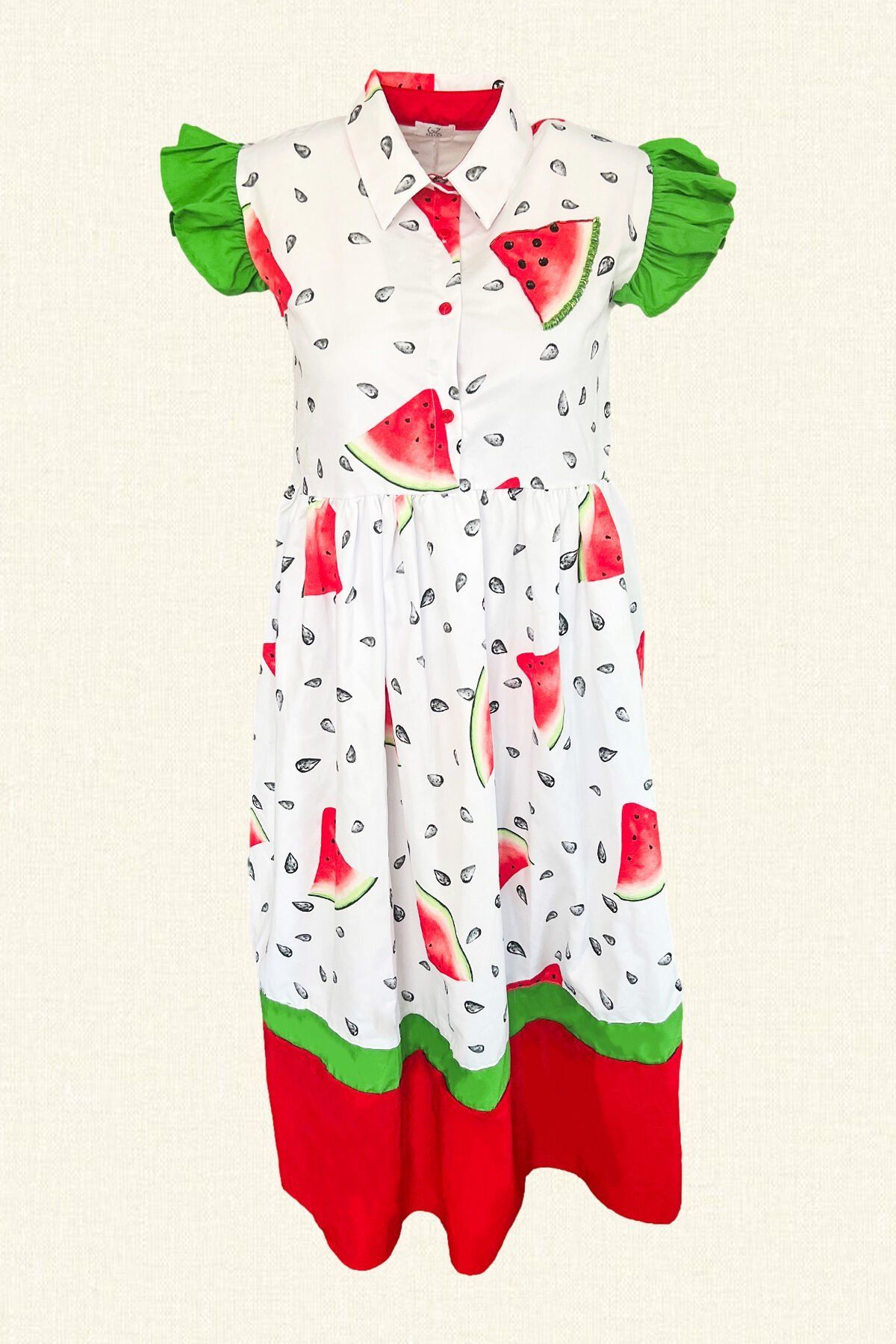 Karpuz İşlemeli Fırfır Detaylı Midi Boy Elbise