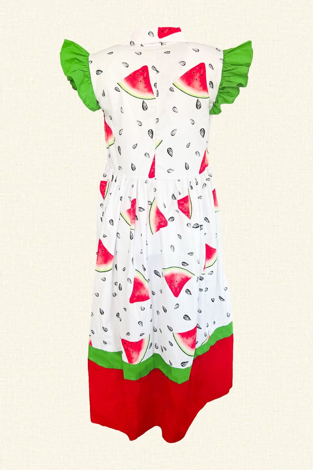 Karpuz İşlemeli Fırfır Detaylı Midi Boy Elbise