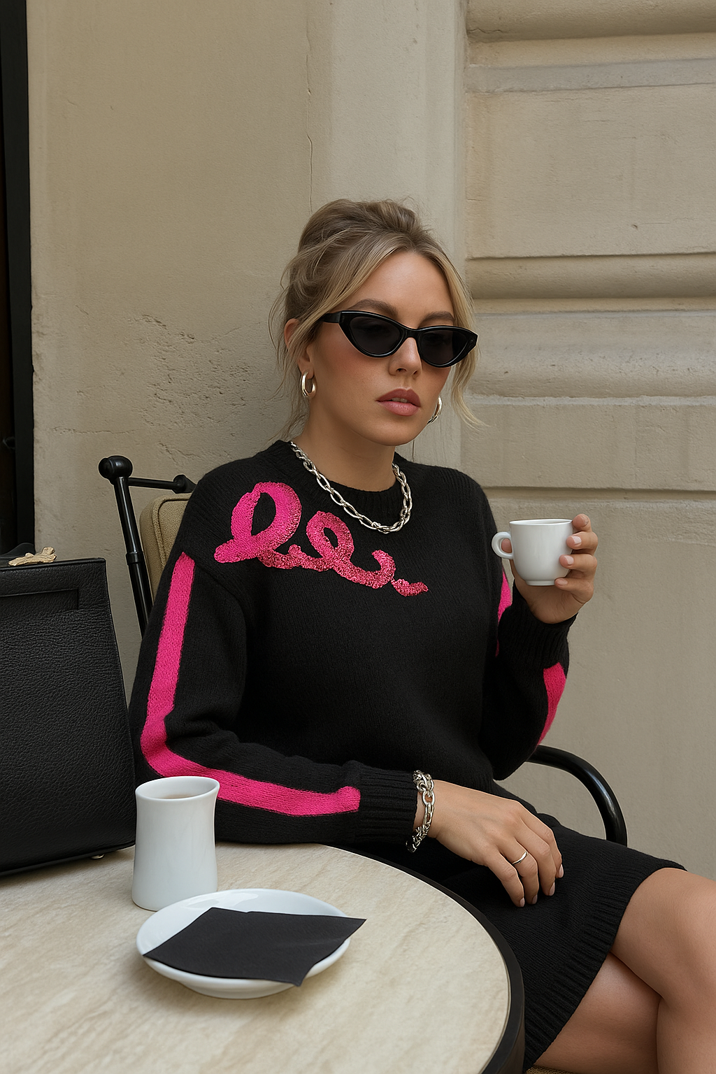 Pembe İşleme Detaylı Siyah Triko Kazak