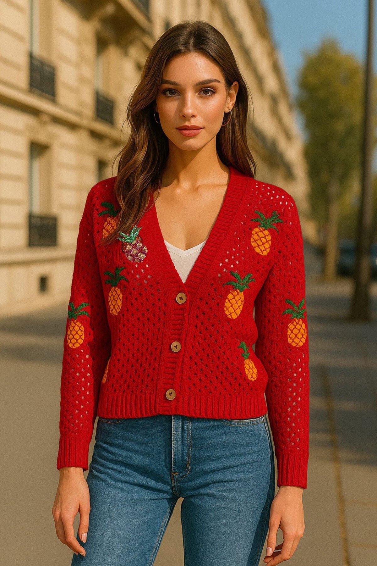 Ananas İşlemeli Kırmızı Renk Triko Hırka