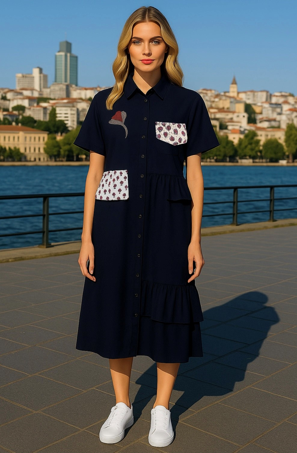 Lale İşlemeli Fırfır Detaylı Oversize Lacivert  Midi Boy Elbise