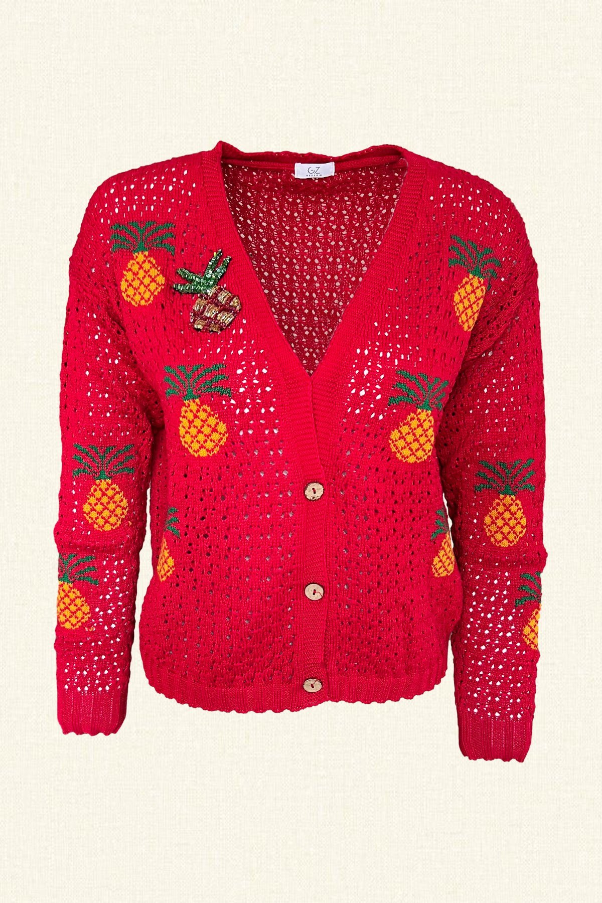 Ananas İşlemeli Kırmızı Renk Triko Hırka