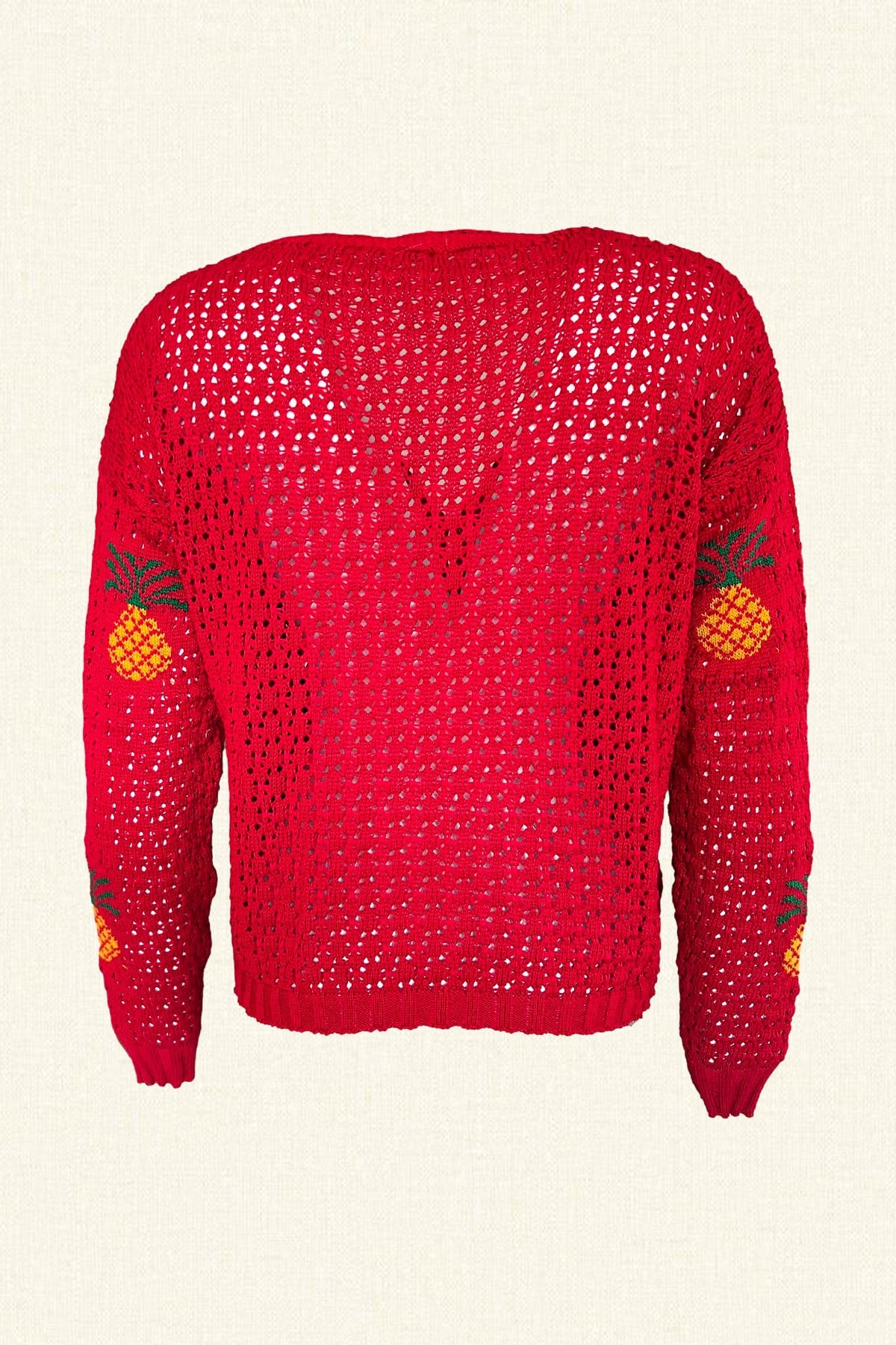 Ananas İşlemeli Kırmızı Renk Triko Hırka