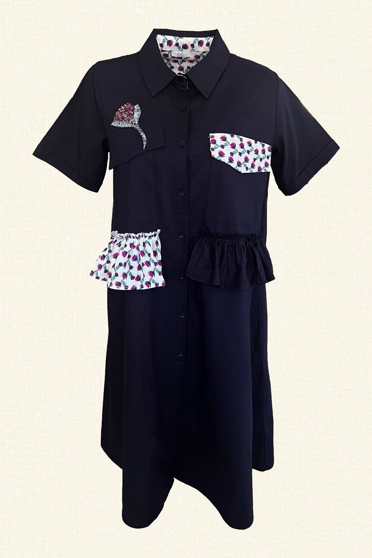 Lale İşlemeli Fırfır Detaylı Oversize Lacivert  Midi Boy Elbise