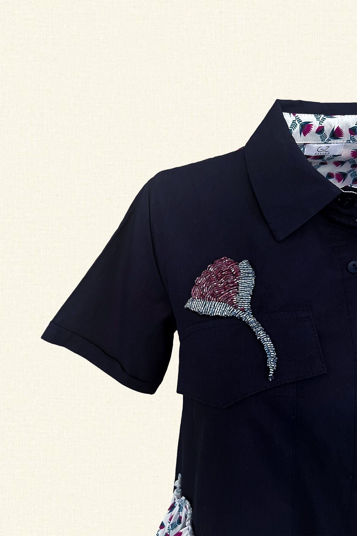 Lale İşlemeli Fırfır Detaylı Oversize Lacivert  Midi Boy Elbise