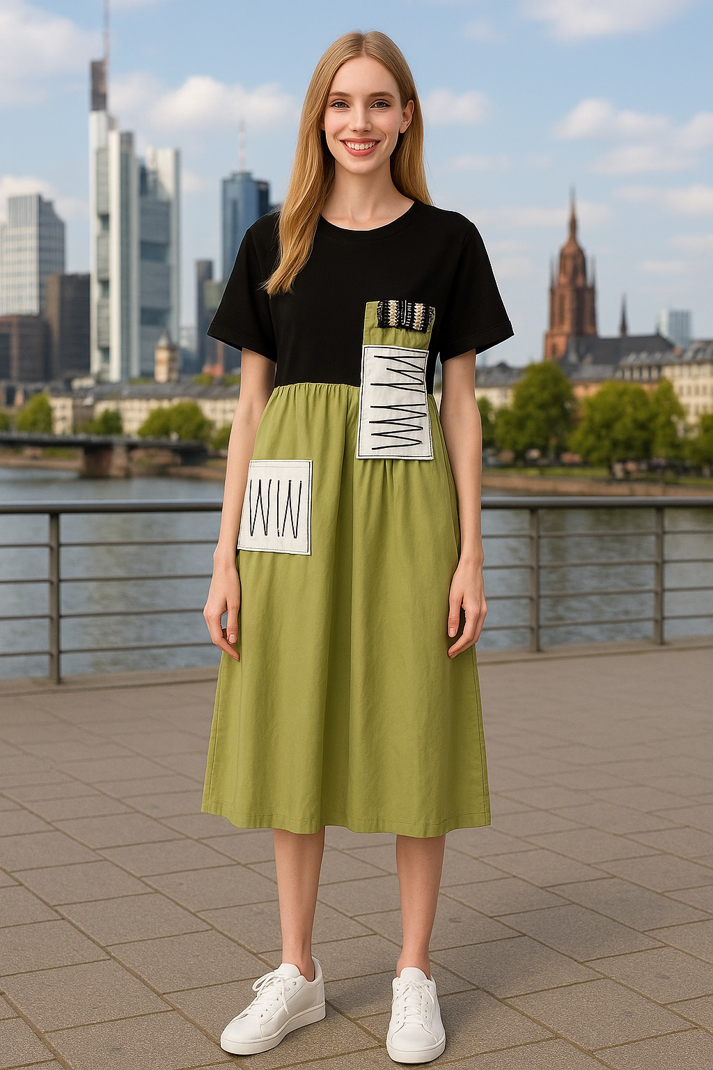 Boncuk İşlemeli Cep Detaylı Oversize Yeşil Etekli Siyah Elbise