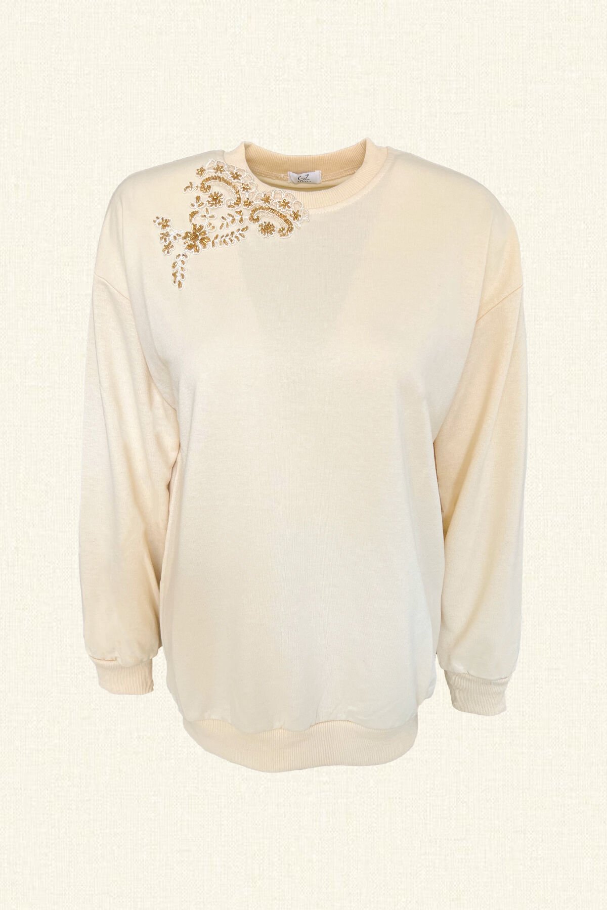 Gold Çiçek İşlemeli Krem Renk Sweatshirt