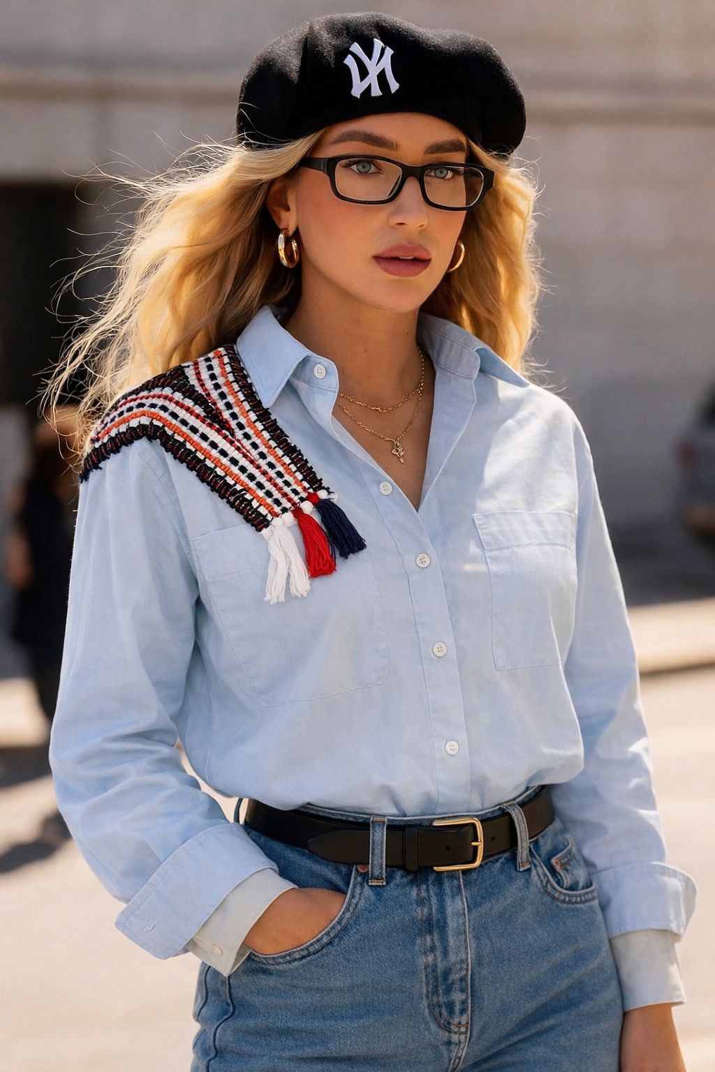 Kırmızı Püskül İşlemeli Oversize Mavi Gömlek