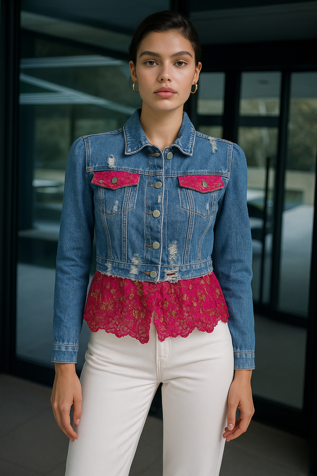 Hint Esintili Eteği Pembe Kumaşlı Jean Ceket