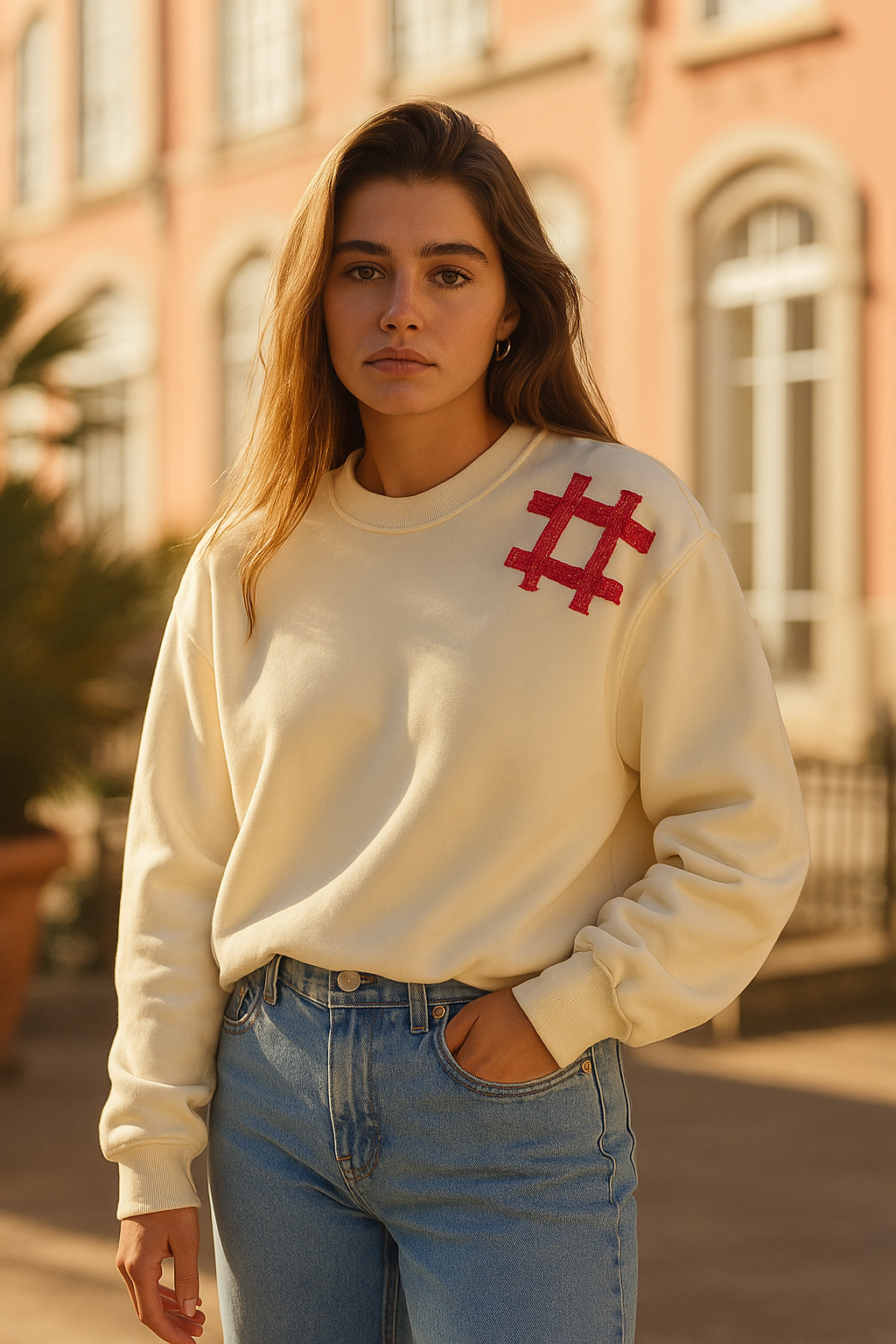 Kırmızı Kare İşlemeli Krem Renk Oversize Sweatshirt