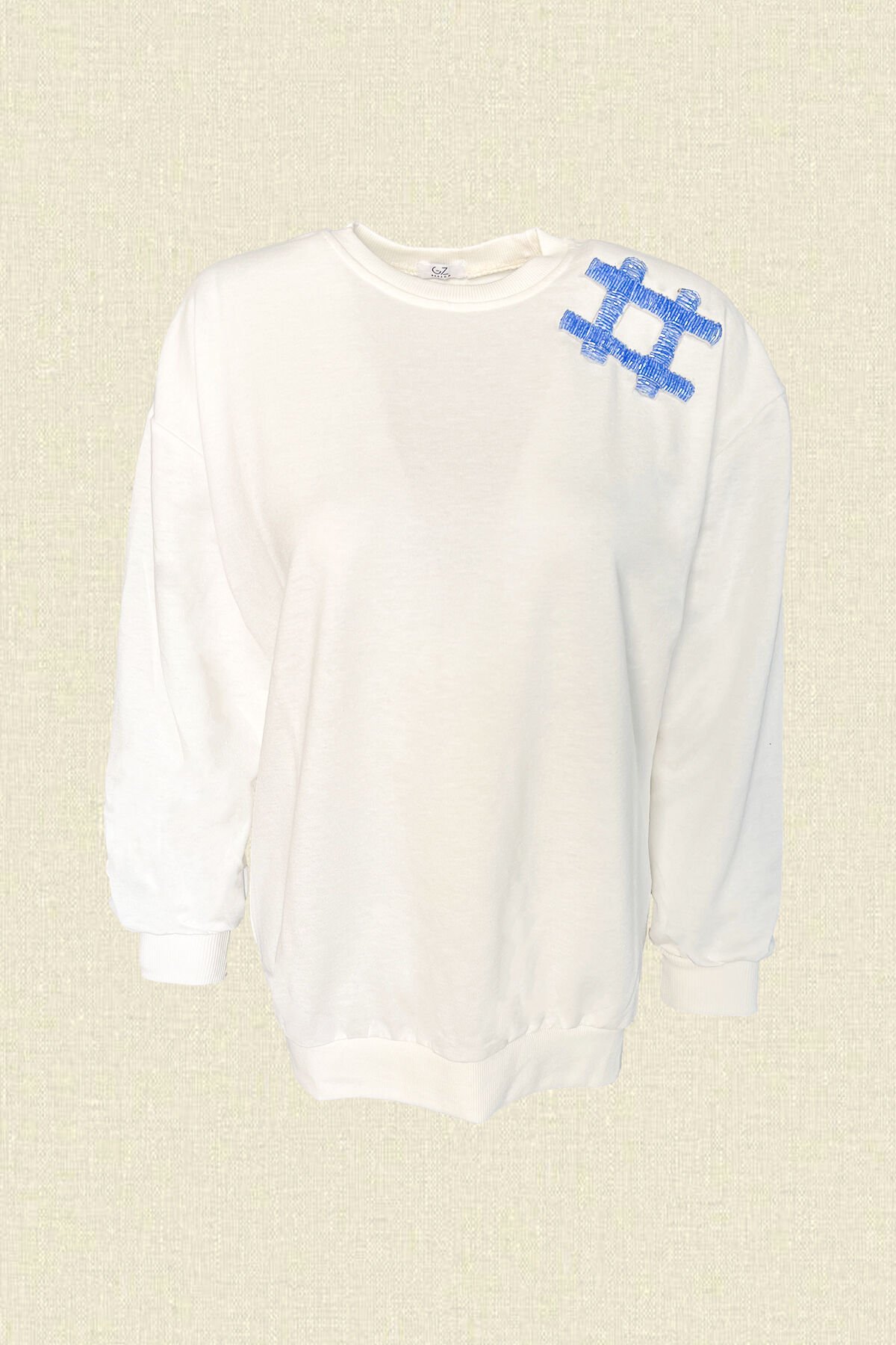 Lila Kare İşlemeli Beyaz Renk Oversize Sweatshirt